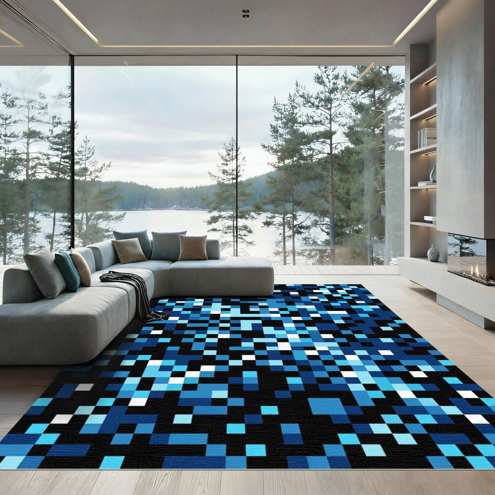Modern Midnight Blue Pixelated Mosaic Rug