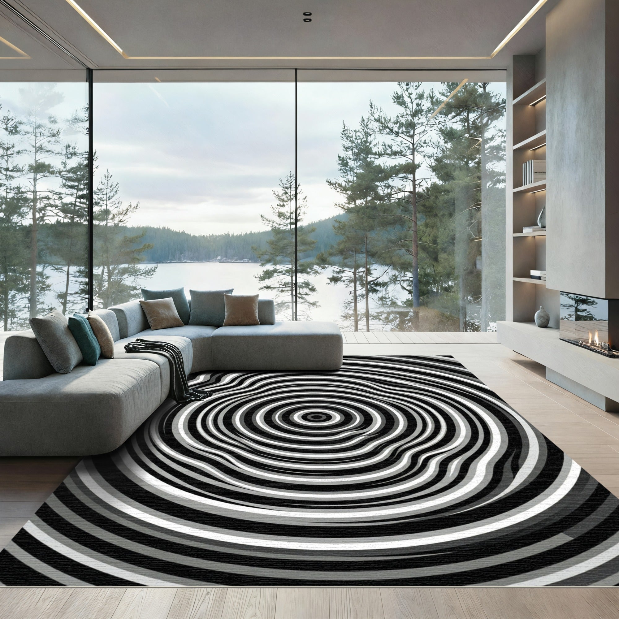 Monochrome Concentric Rippled Circle Abstract Rug