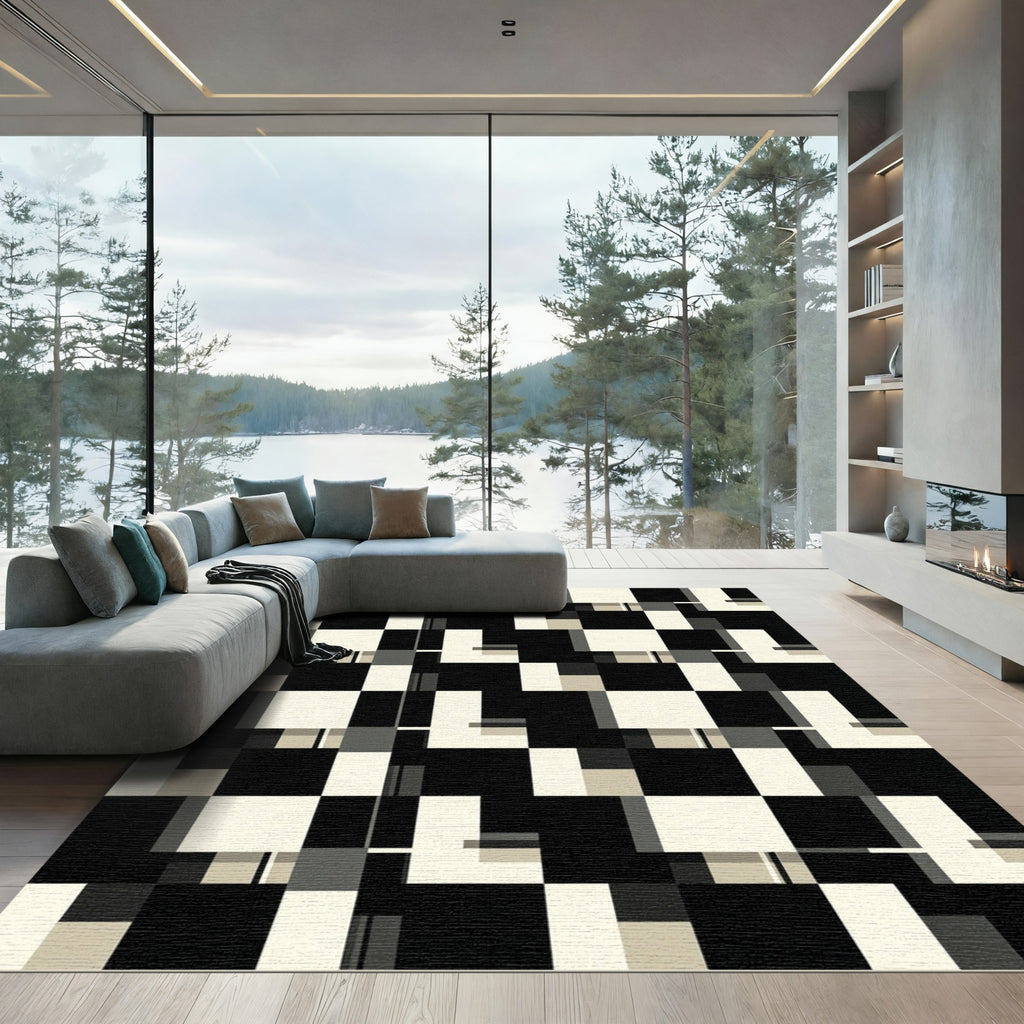 Abstract Monochrome Grid Composition Rug