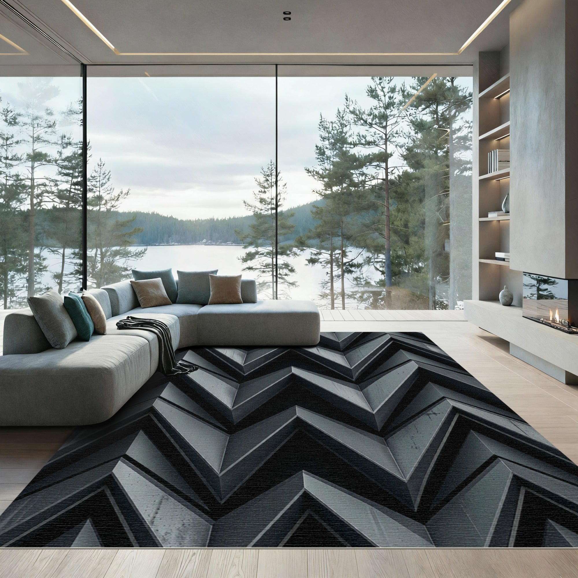 Modern Charcoal Geometric Chevron Zigzag Rug