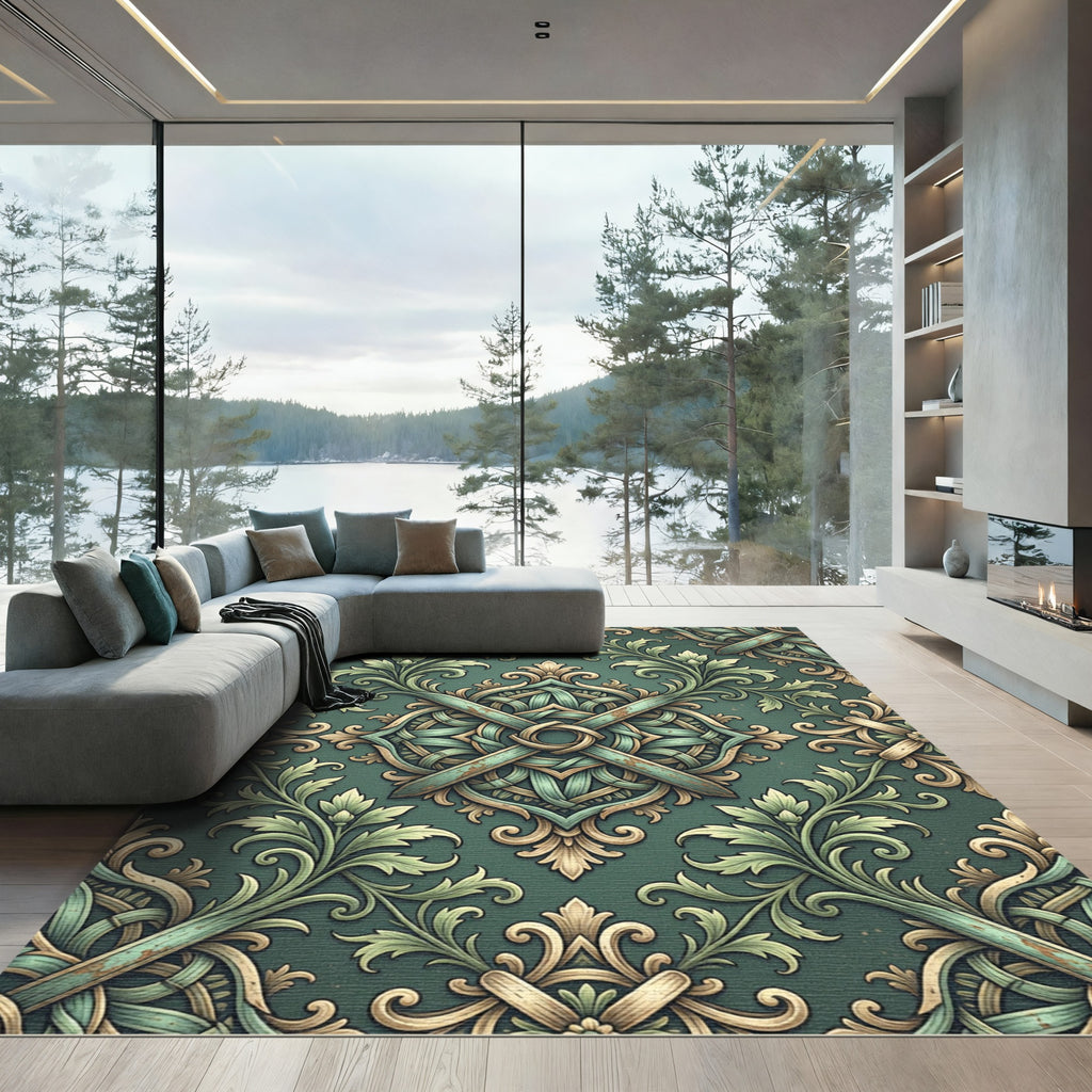 Emerald Green Filigree Scrollwork Rug
