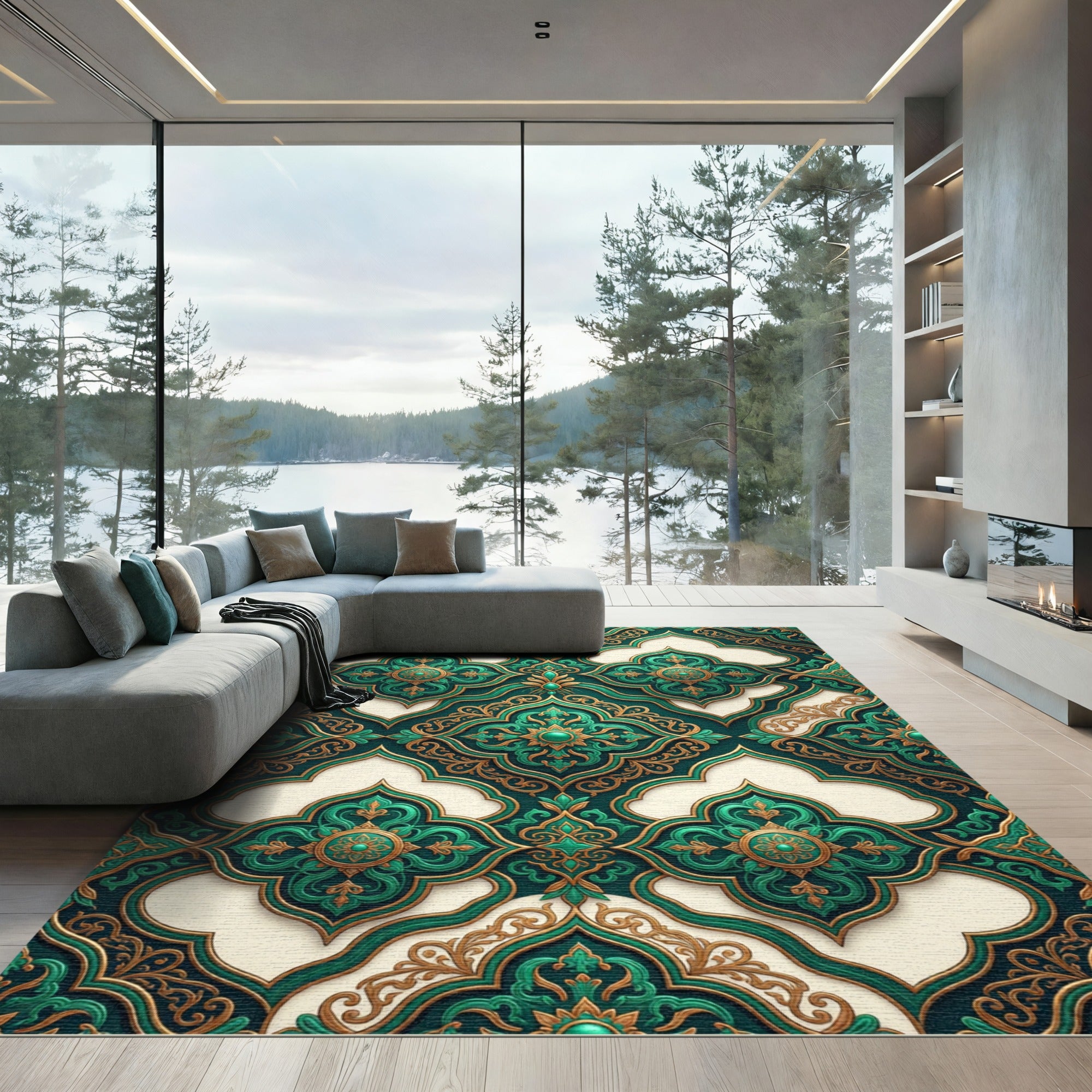 Emerald Gold Ornate Arabesque Rug