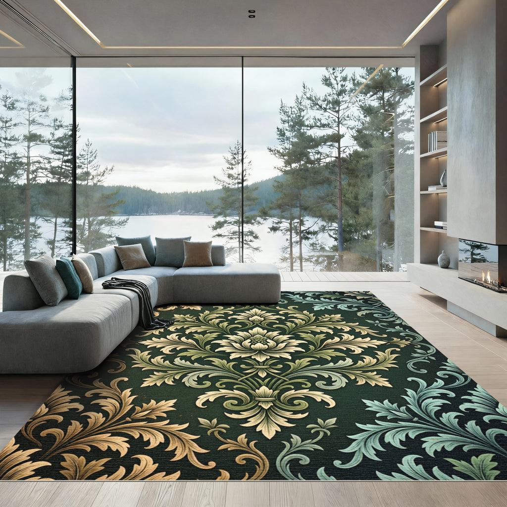 Ornate Golden Teal Acanthus Scroll Rug