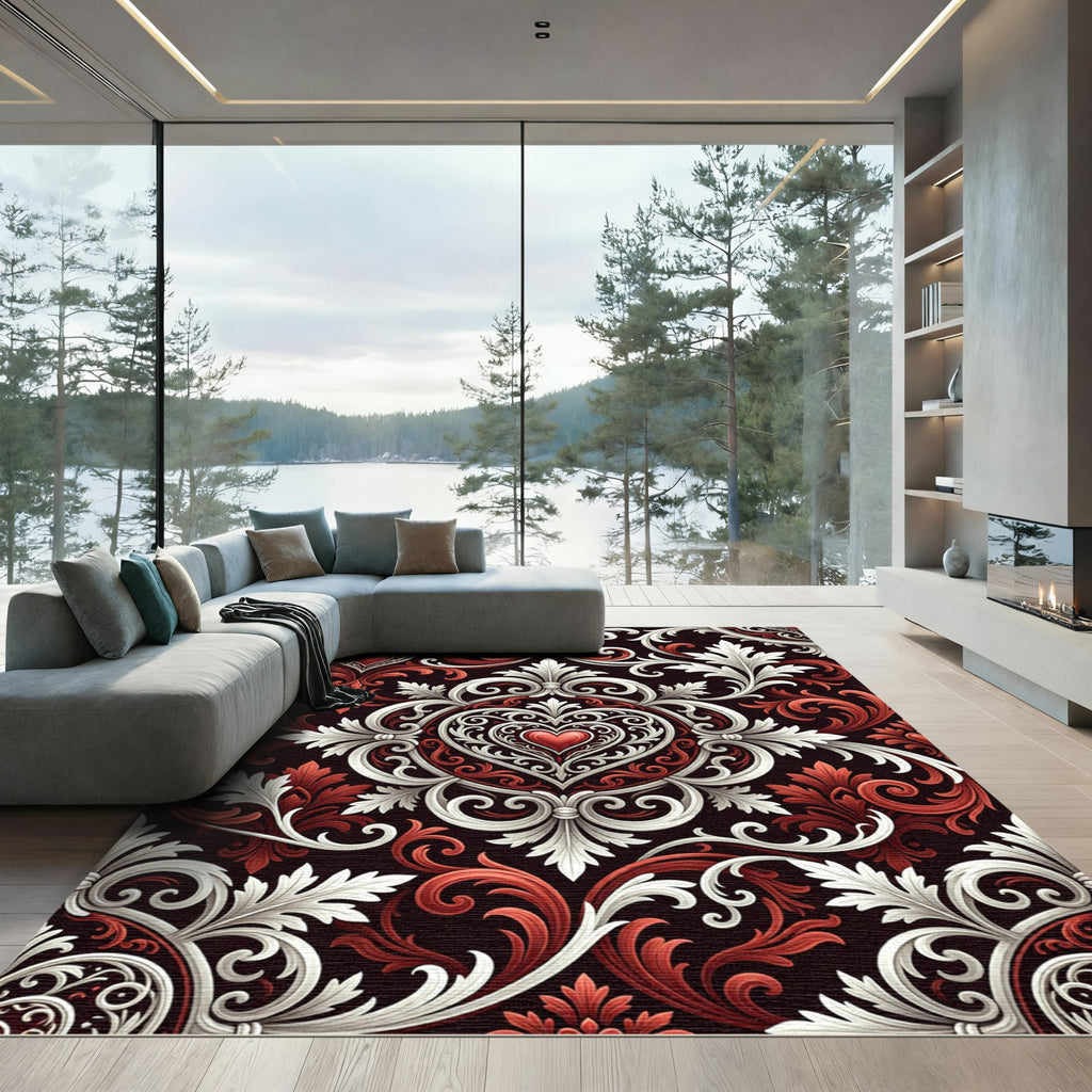 Gothic Crimson Heart Damask Rug