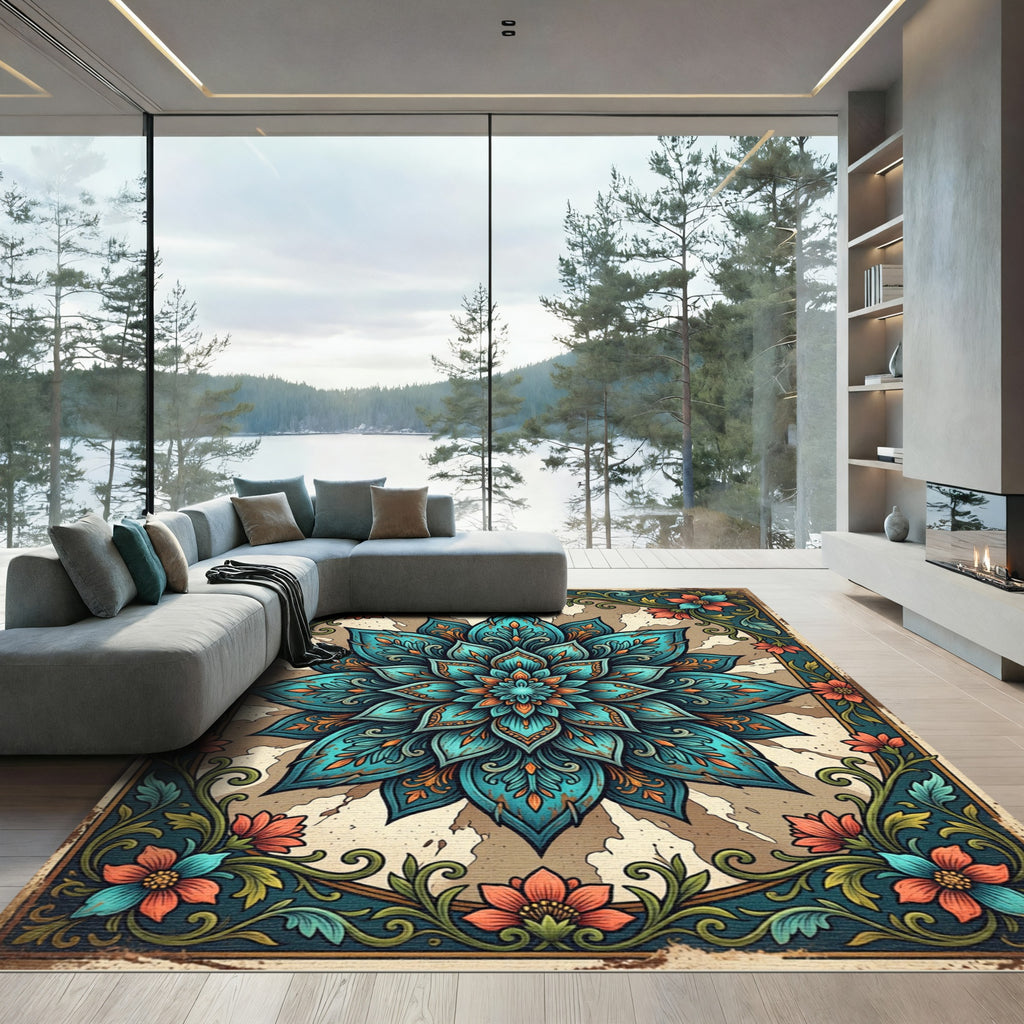 Teal Floral Medallion Accent Piece Rug