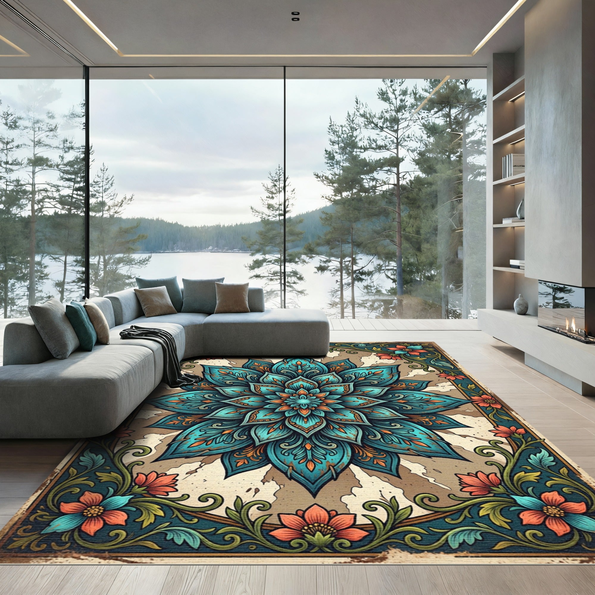 Teal Floral Medallion Accent Piece Rug