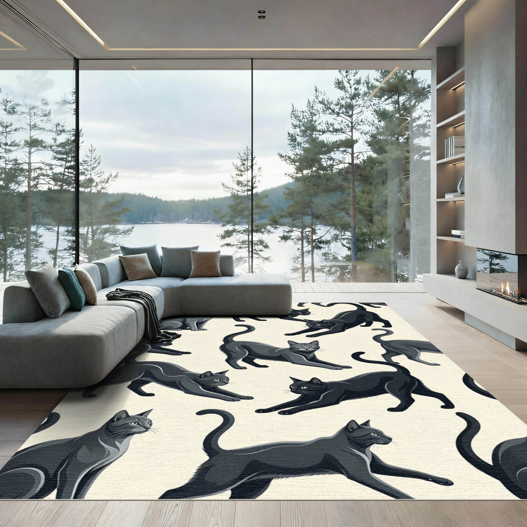 Sleek Black Gray Feline Collection Rug