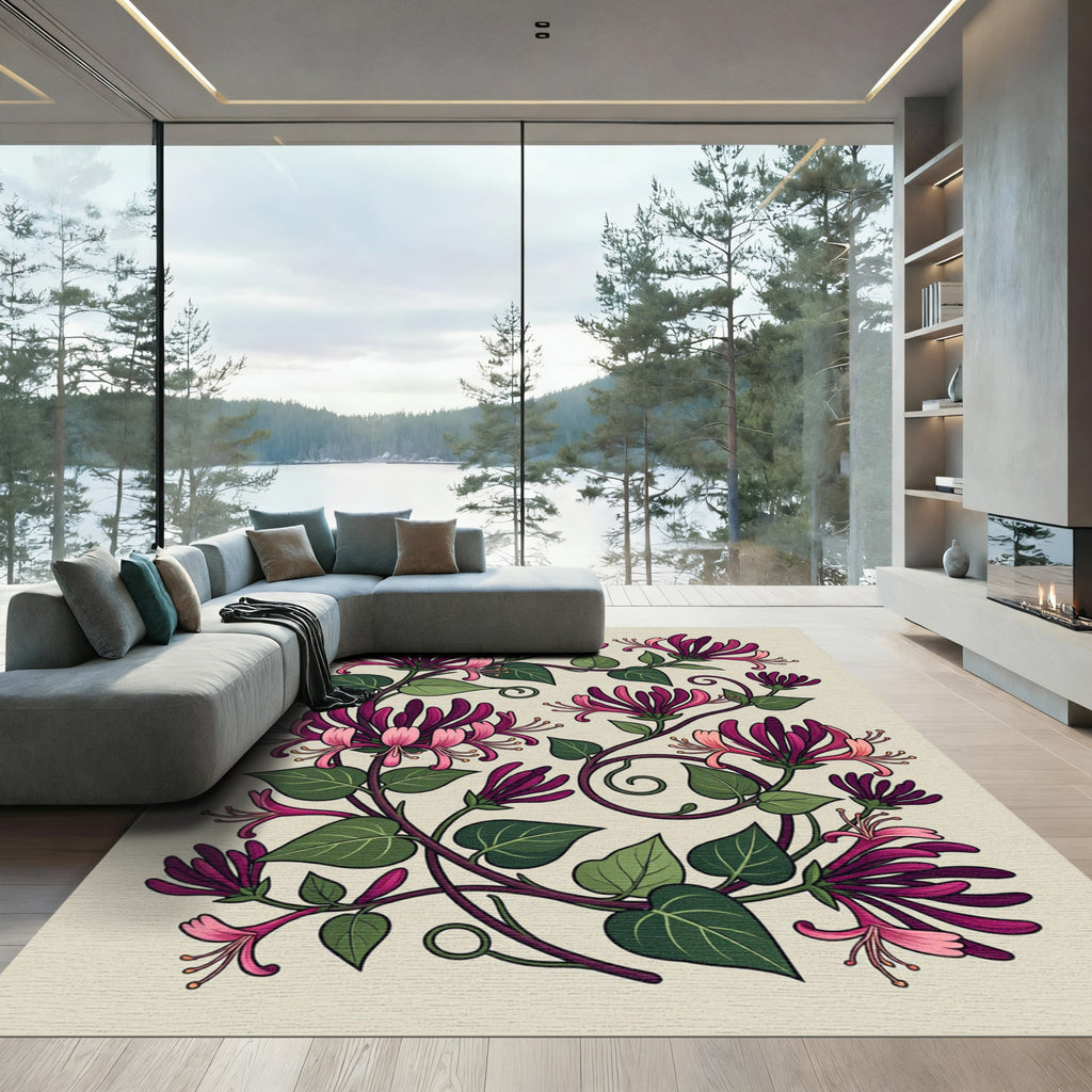 Elegance Crimson Honeysuckle Botanical Illustration Rug