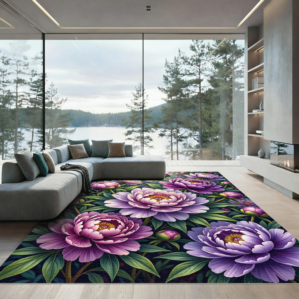 Vibrant Purple Peony Botanical Floral Rug