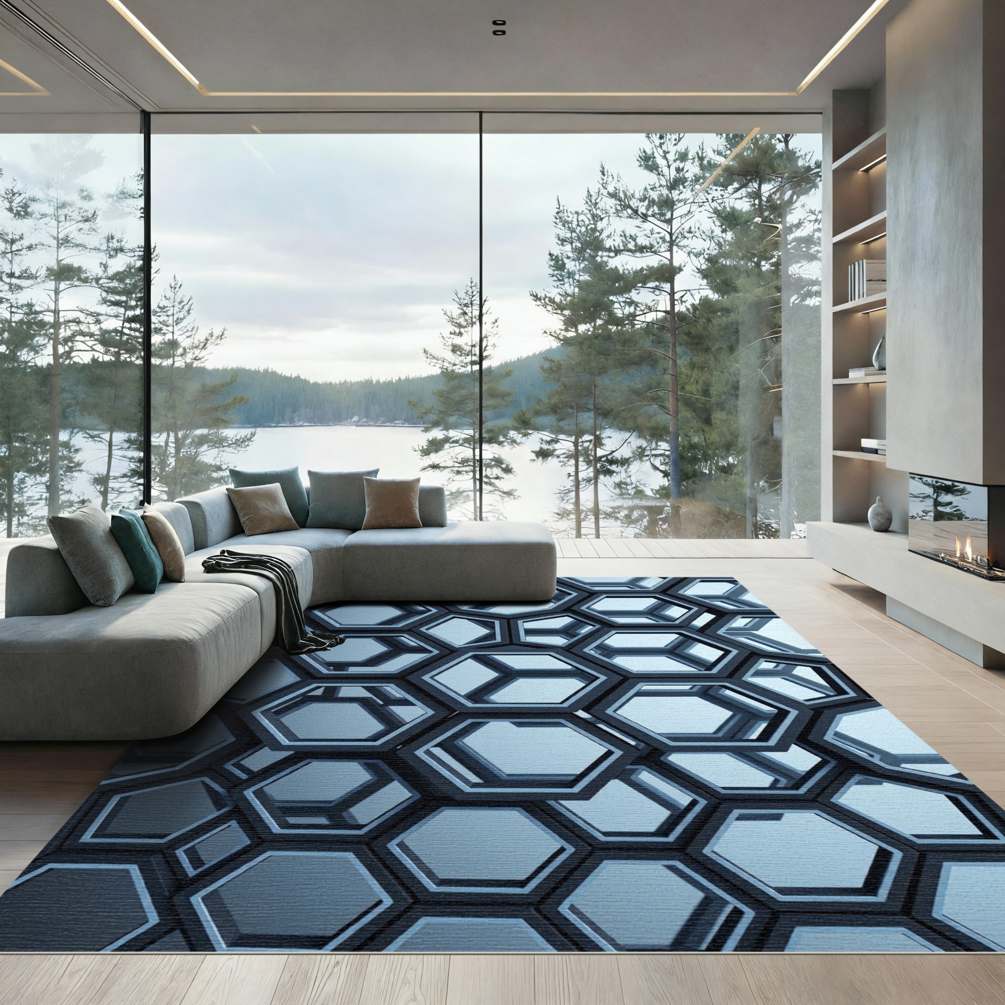Sophisticated Metallic Gray Interlocking Hexagon Area Rug