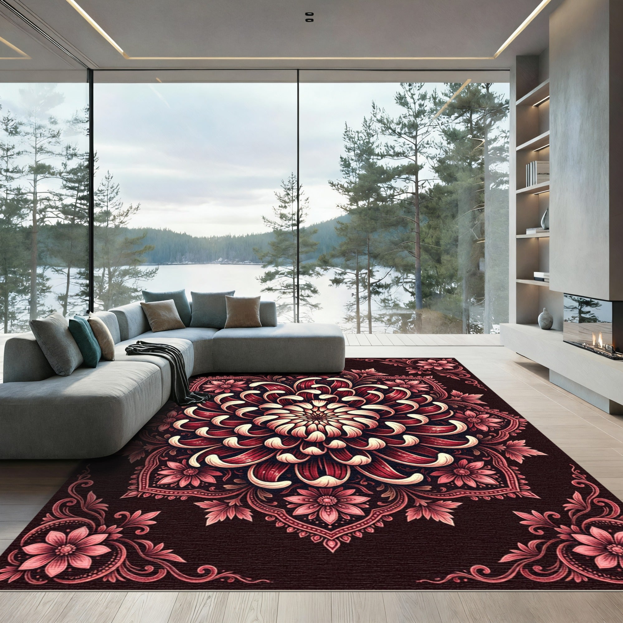 Crimson Chrysanthemum Floral Symmetry Medallion Rug