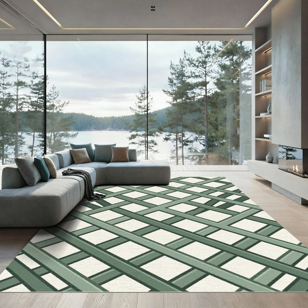 Sage Lattice Intersecting Diagonal Grid Rug