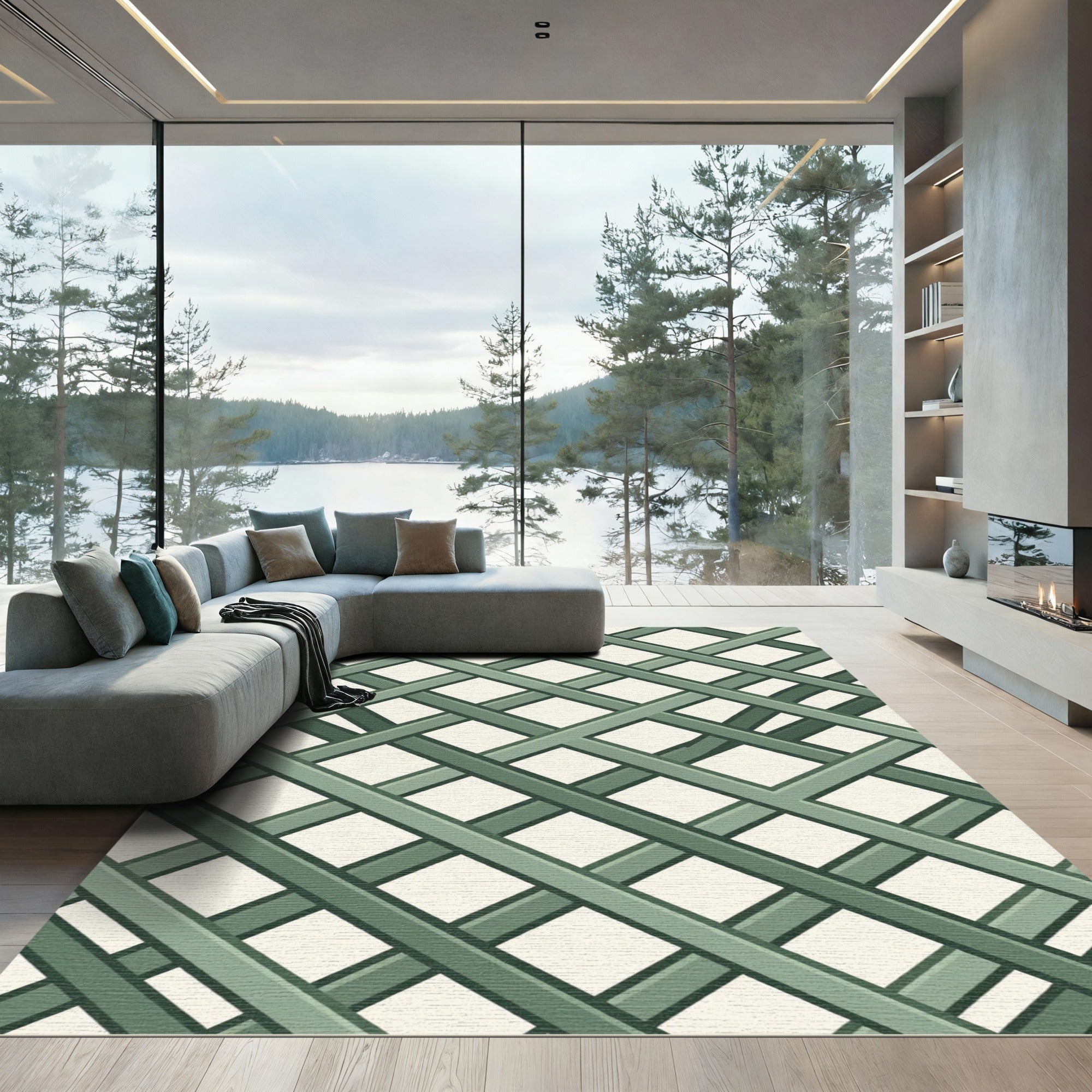 Sage Lattice Intersecting Diagonal Grid Rug