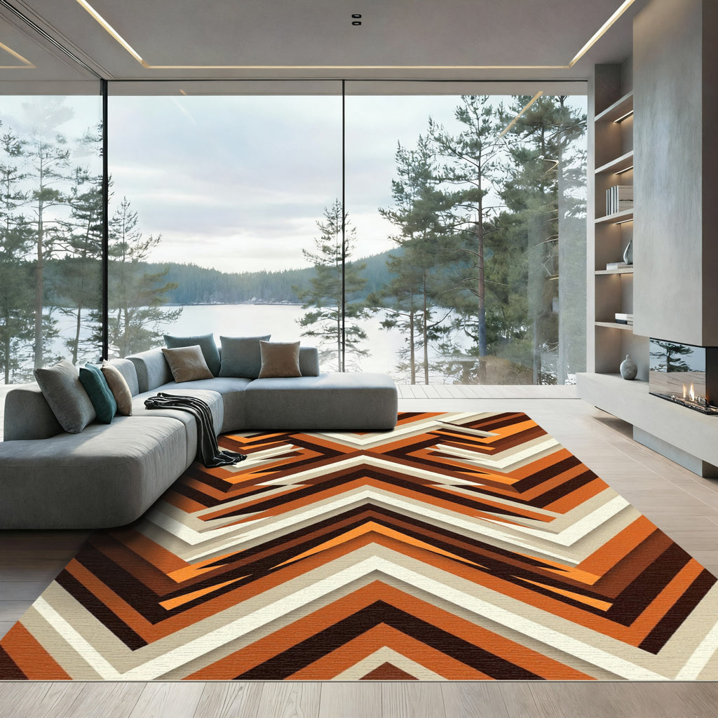 Retro Orange Brown Geometric Chevron Rug