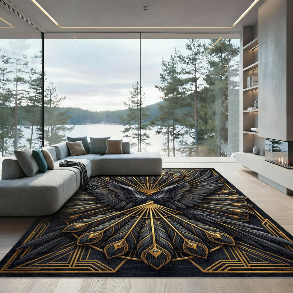 Art Deco Golden Peacock Feather Crest Rug
