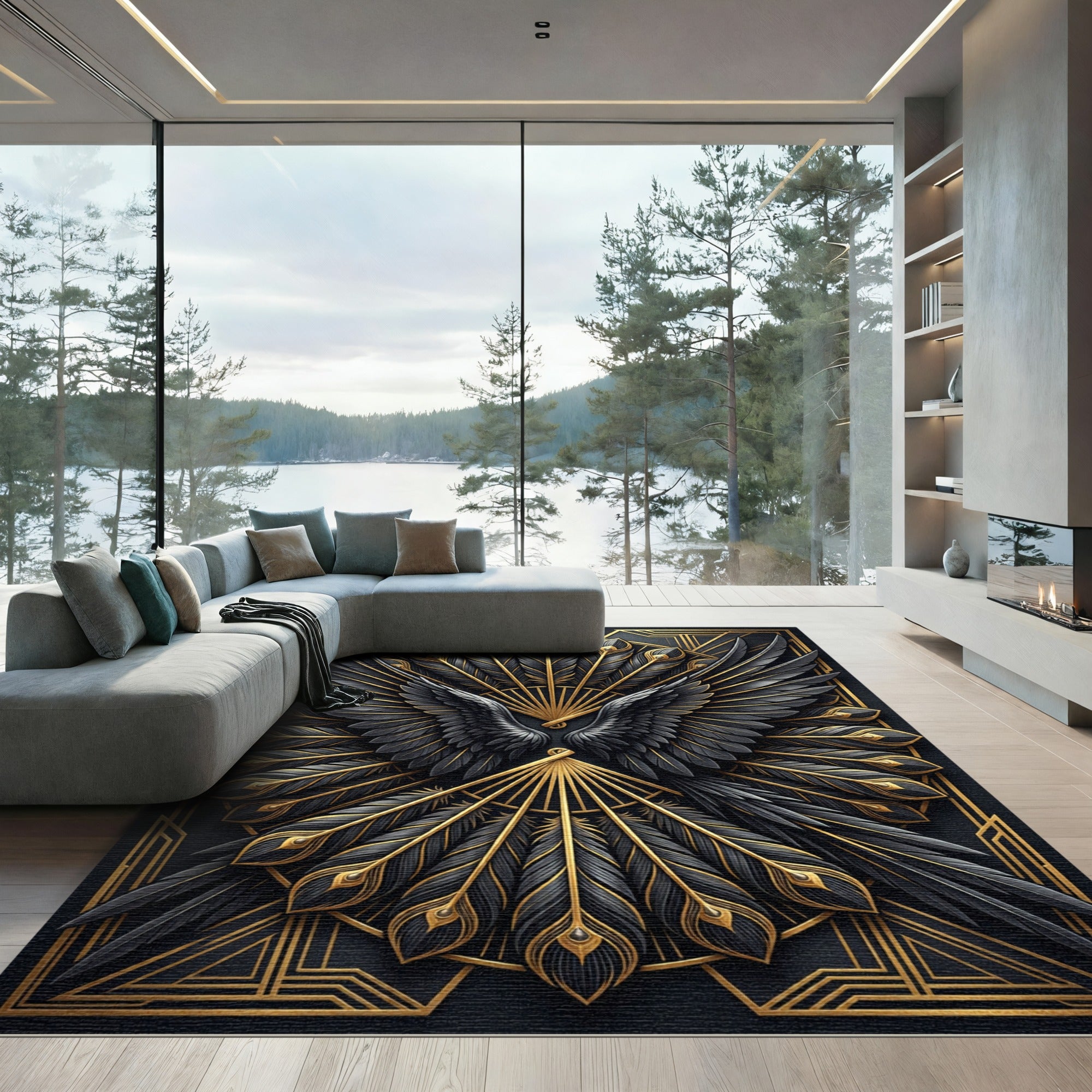 Art Deco Golden Peacock Feather Crest Rug