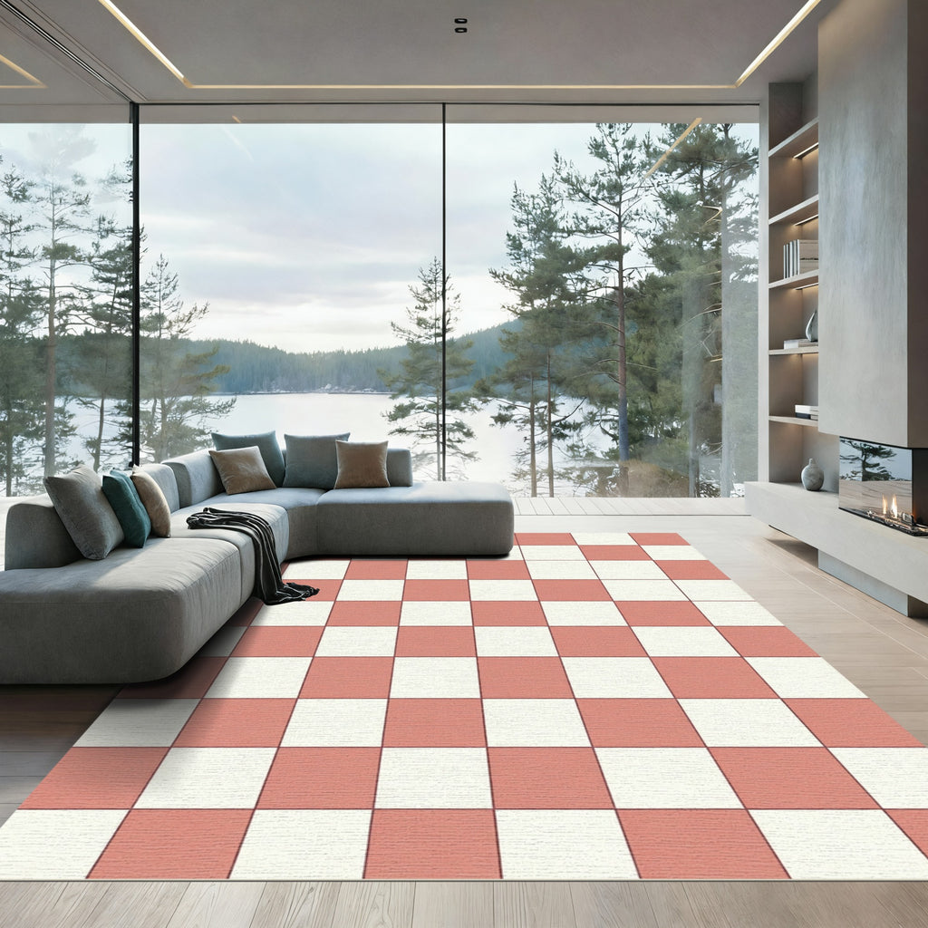 Classic Coral Pink Checkered Grid Area Rug