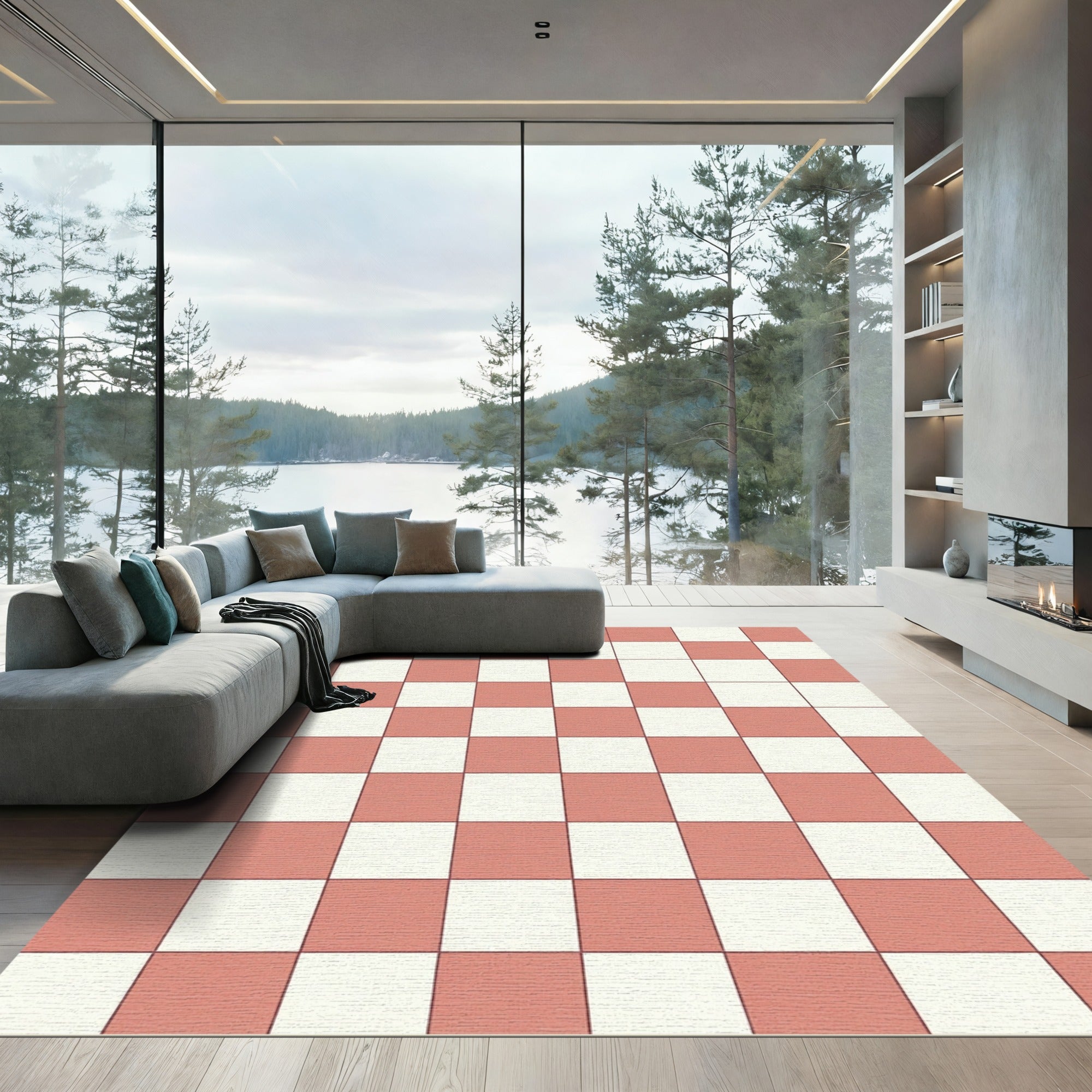 Classic Coral Pink Checkered Grid Area Rug