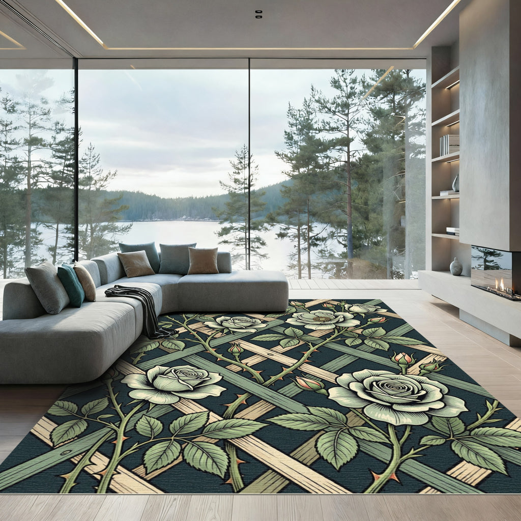 Pale Green Rose Trellis Pattern Rug