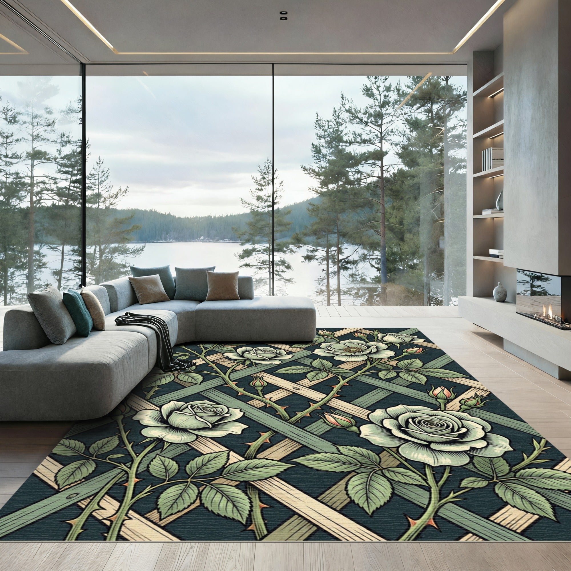 Pale Green Rose Trellis Pattern Rug