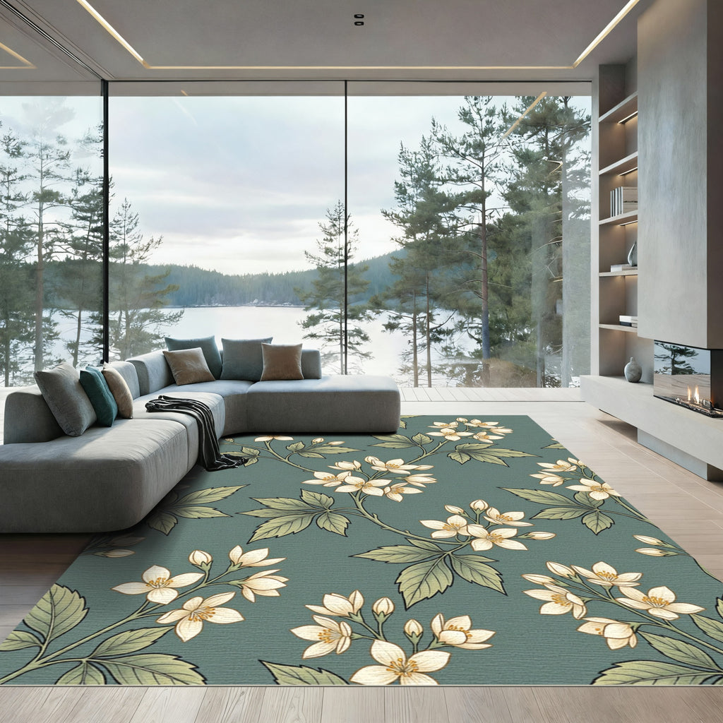 Elegant Sage Botanical Jasmine Blossom Rug