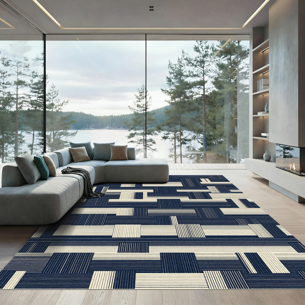 Modern Navy and Cream Woven Grid Rug