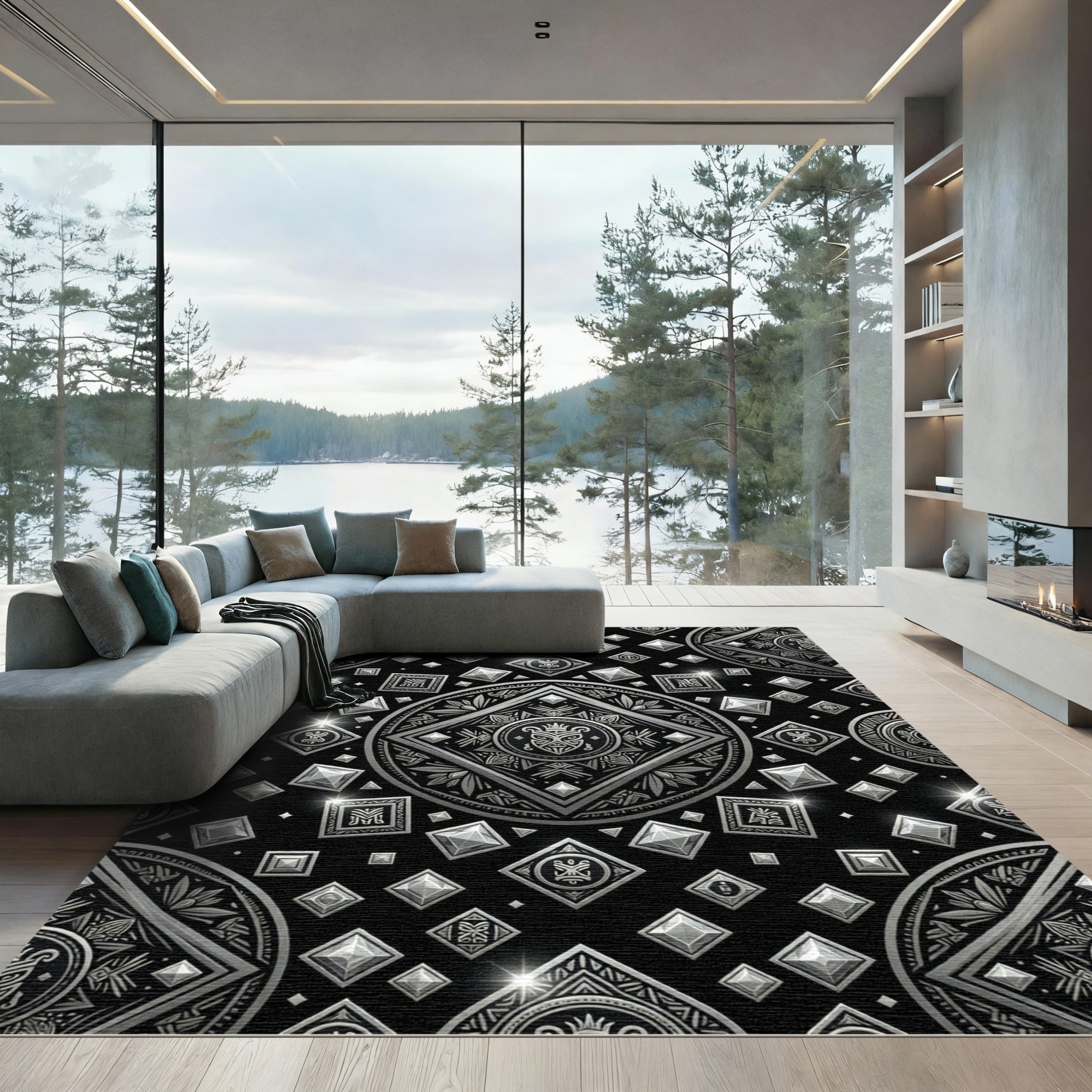 Metallic Silver Tribal Diamond Medallion Rug