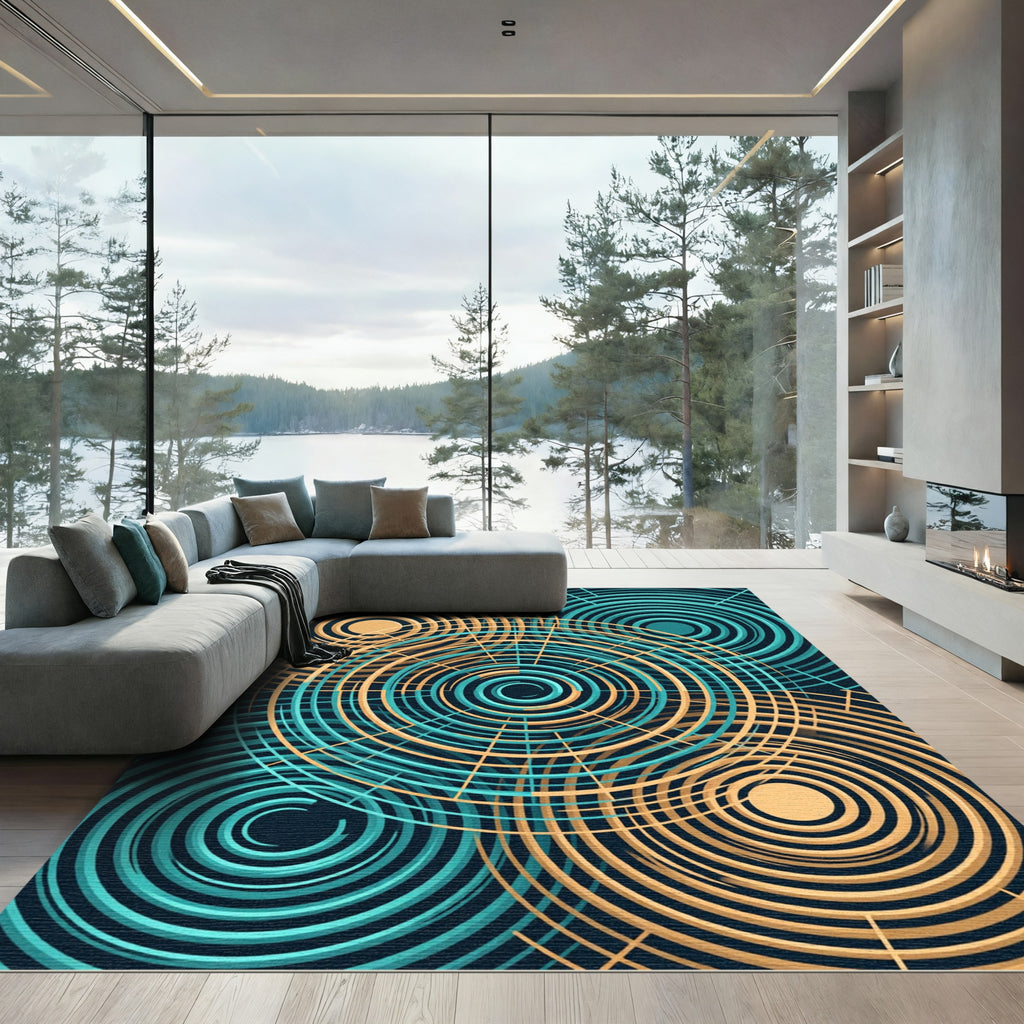 Modern Teal and Gold Concentric Circles Rug
