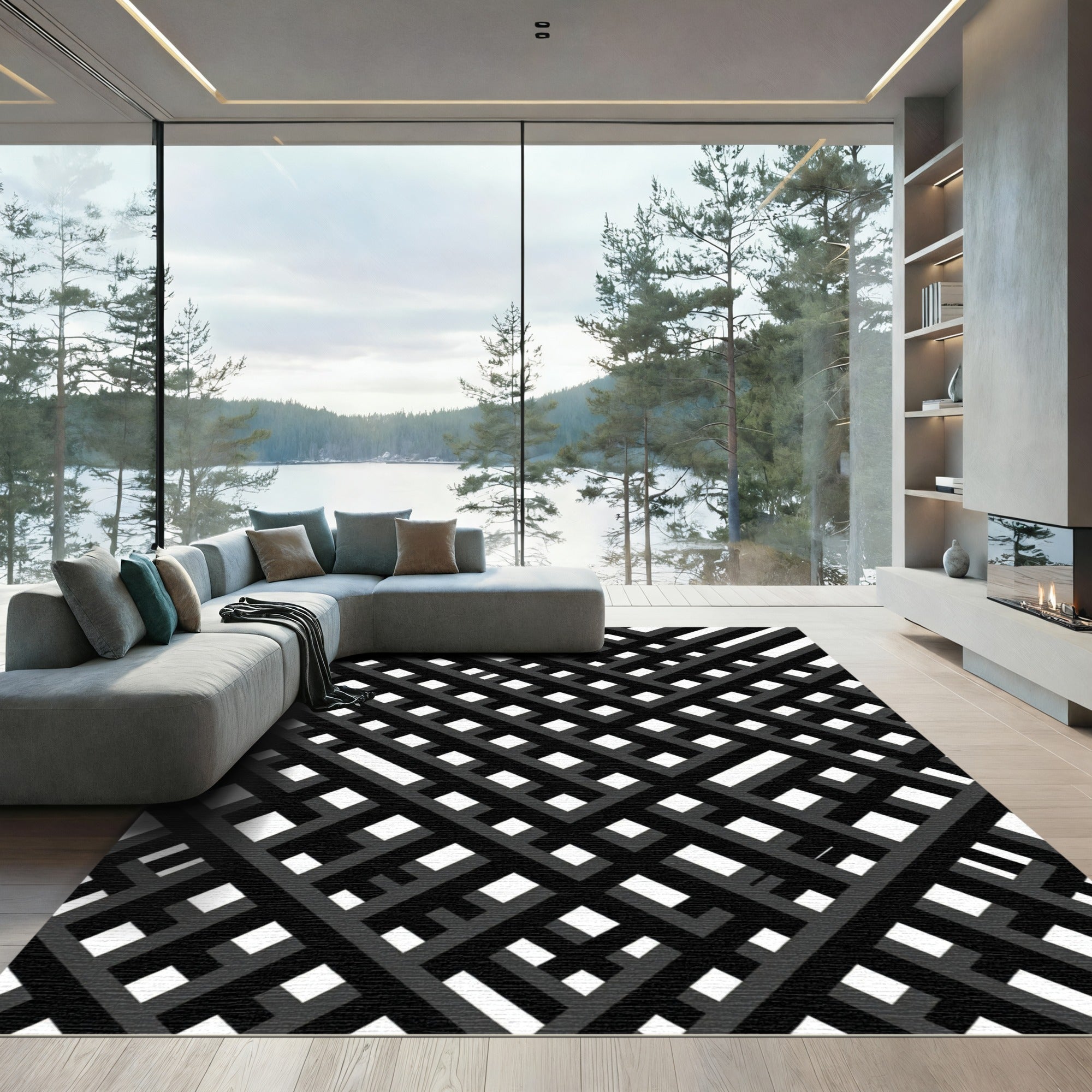 Modern Black White Interlocking Lines Rug