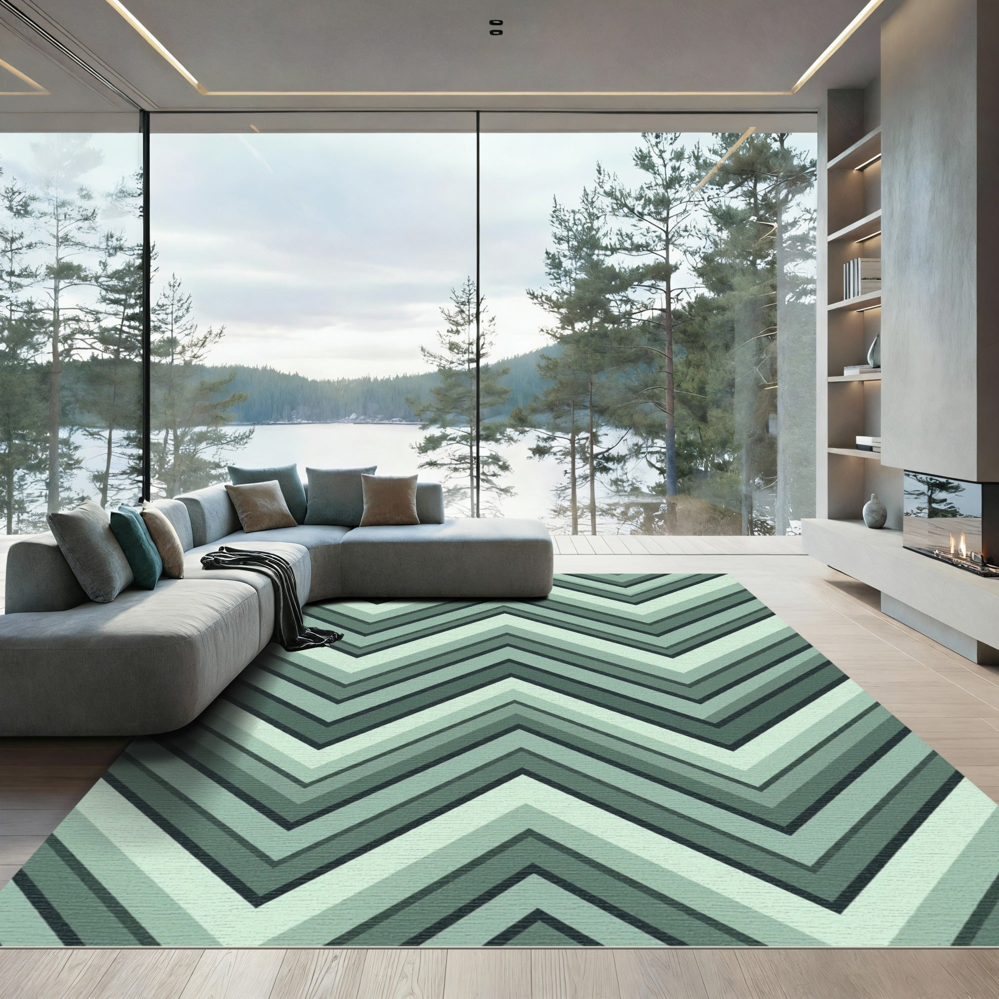 Sage Green Chevron Layered Lines Rug