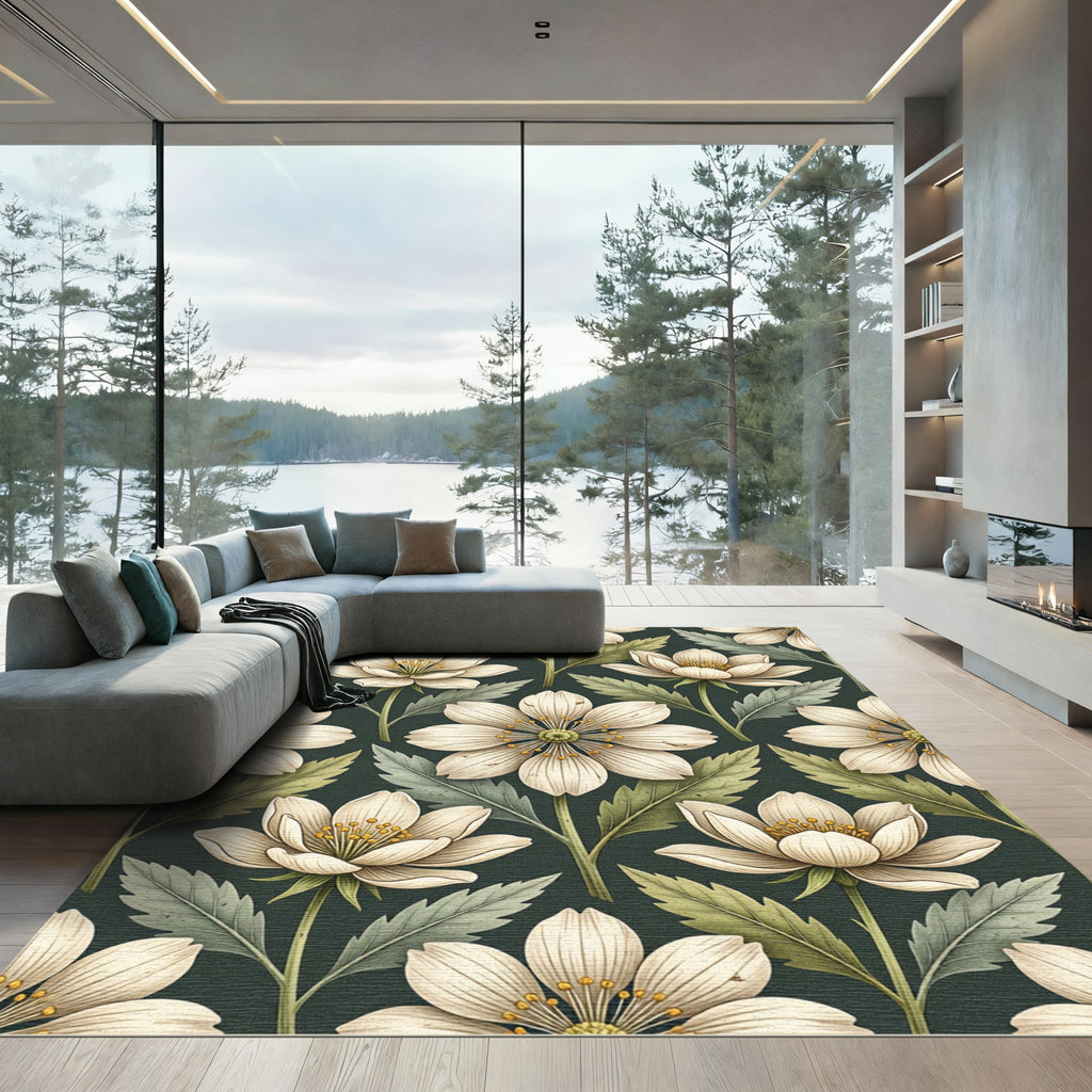Elegant Cream Anemone Botanical Dark Sage Rug