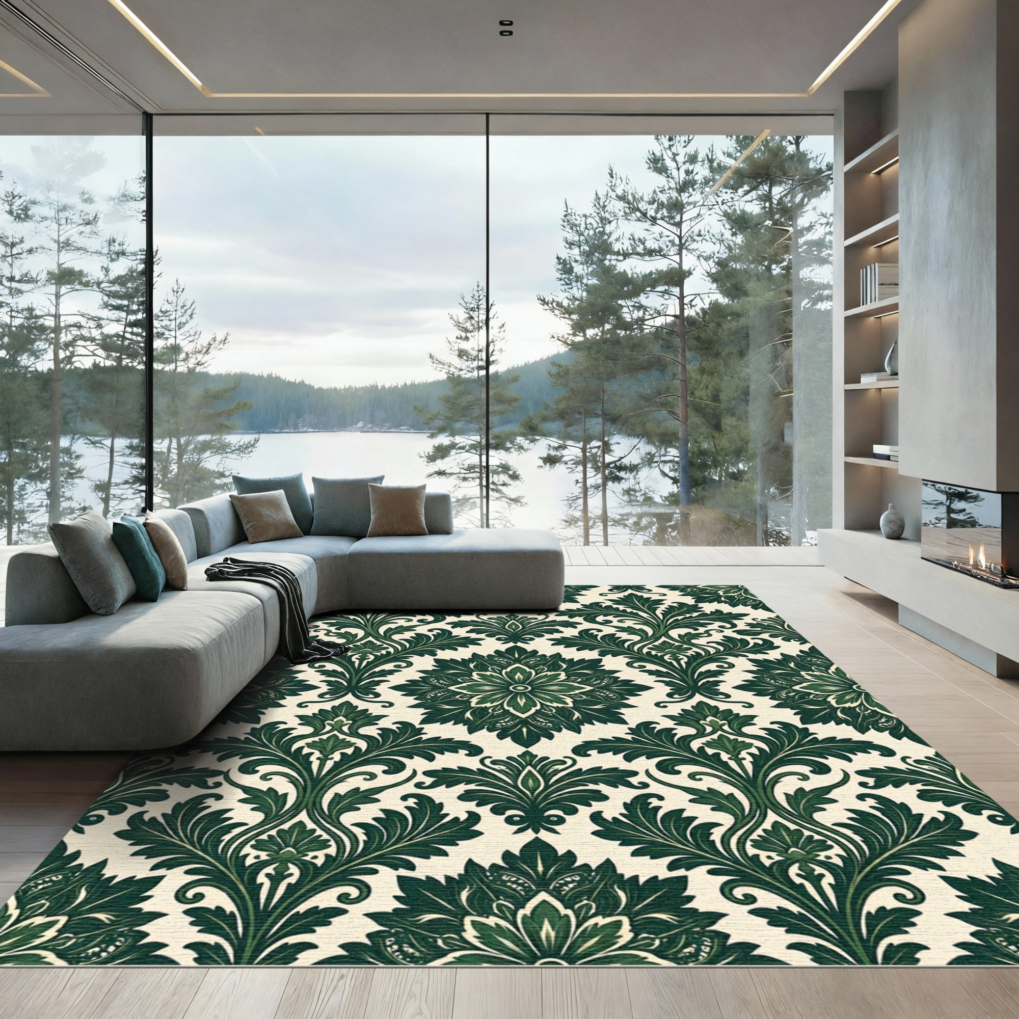 Emerald Green Damask Floral Medallion Rug