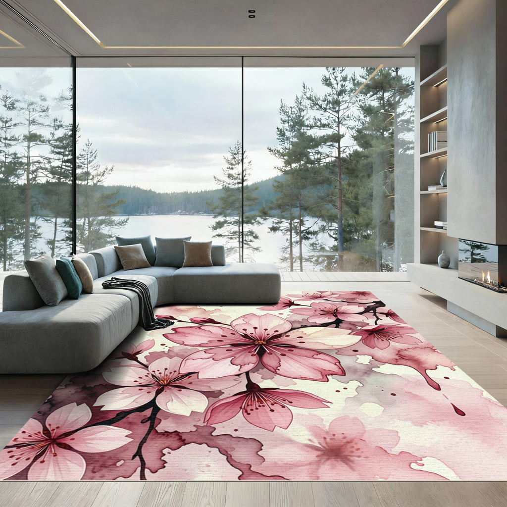 Pink Cherry Blossom Watercolor Floral Rug
