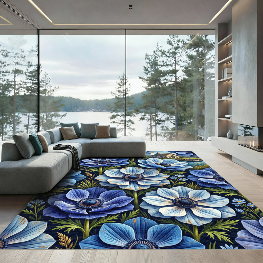 Blue Anemone Floral Coastal Meadow Rug