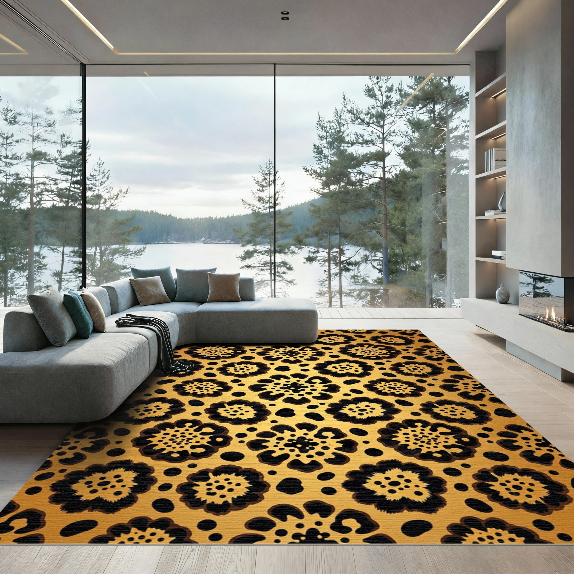 Gold Leopard Flower Geometric Rug
