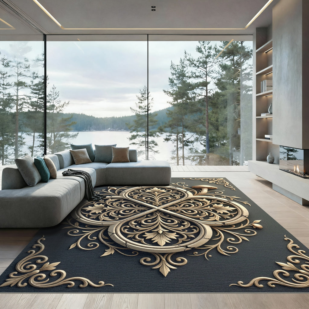 Carved Beige Floral Quatrefoil Charcoal Rug