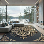 Carved Beige Floral Quatrefoil Charcoal Rug