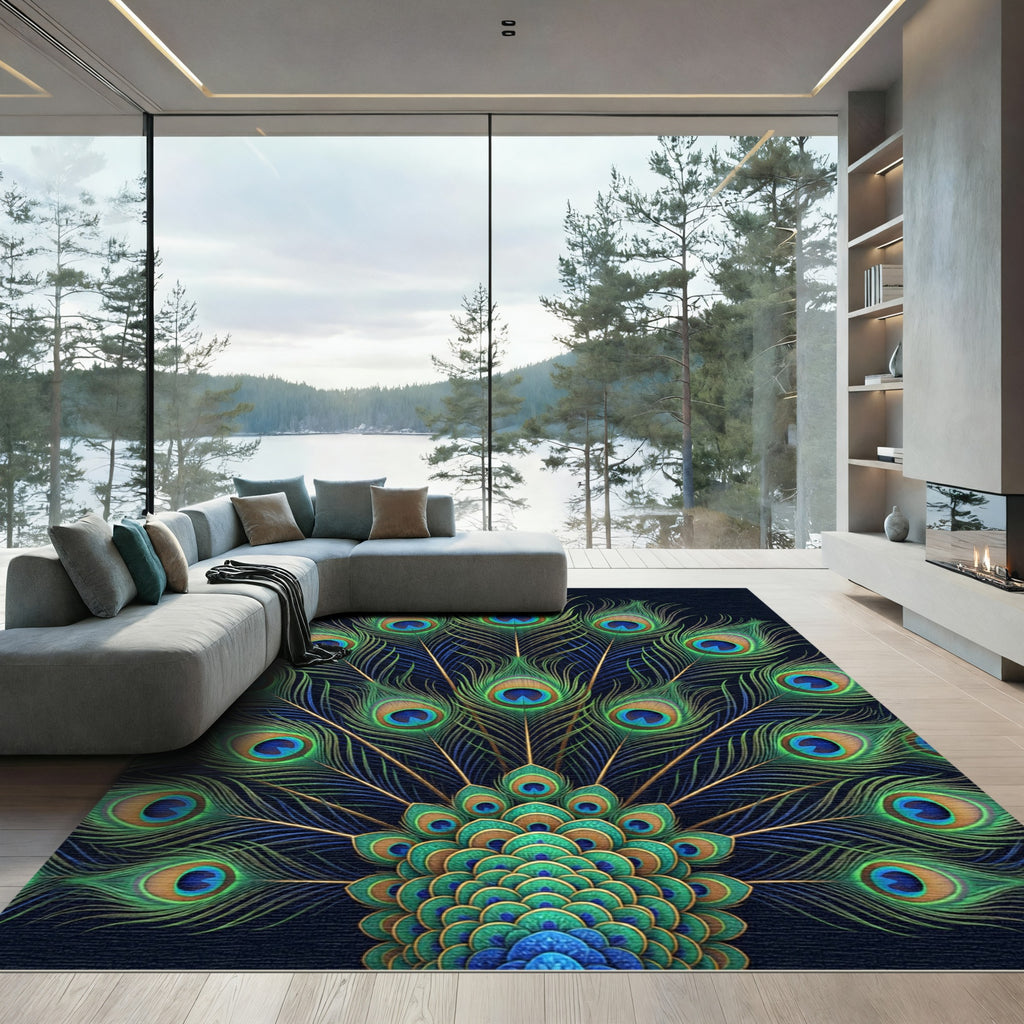 Vibrant Peacock Feather Radiating Lush Teal Rug