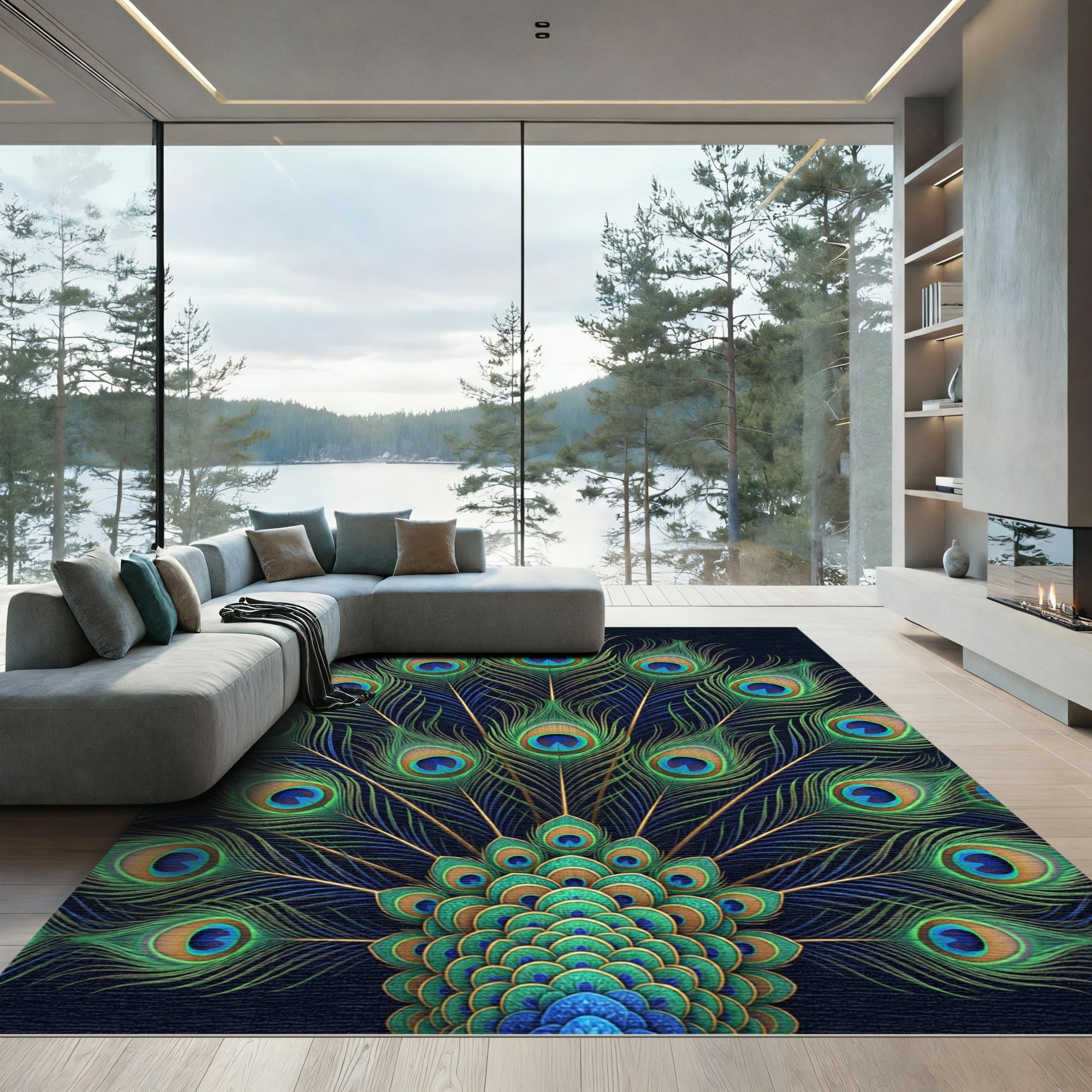 Vibrant Peacock Feather Radiating Lush Teal Rug