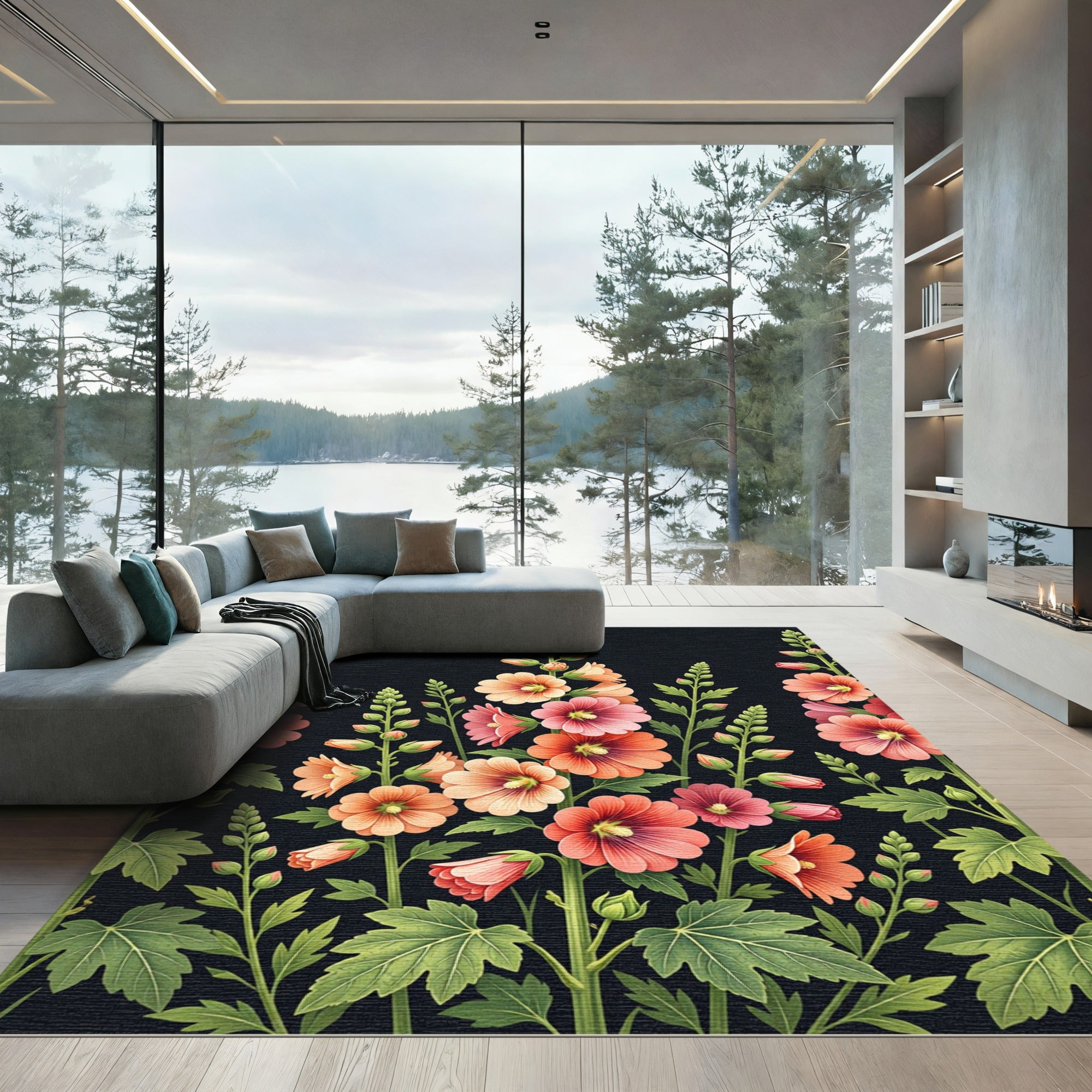 Vibrant Pink and Peach Hollyhock Floral Rug