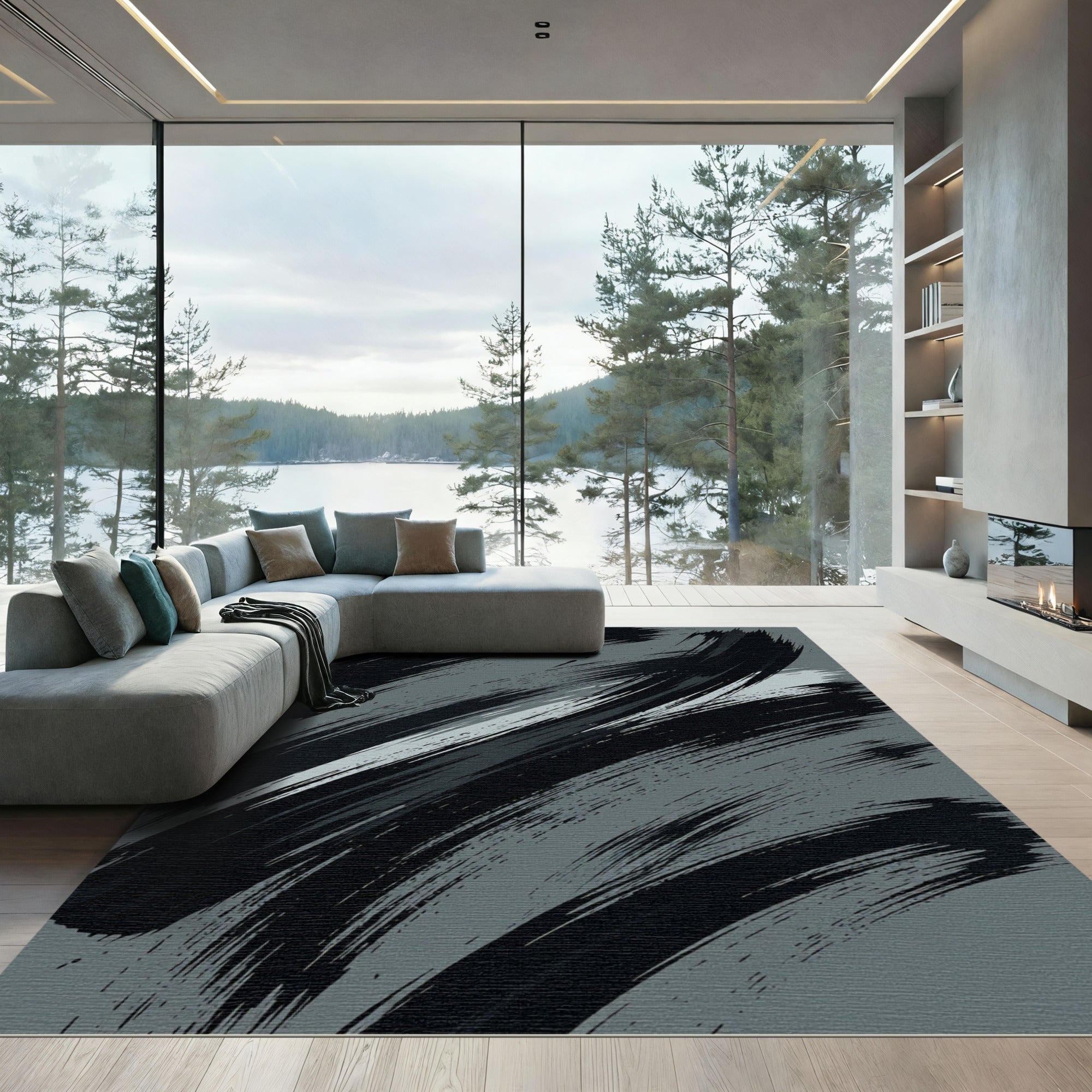 Bold Charcoal Brushstroke Abstract Rug