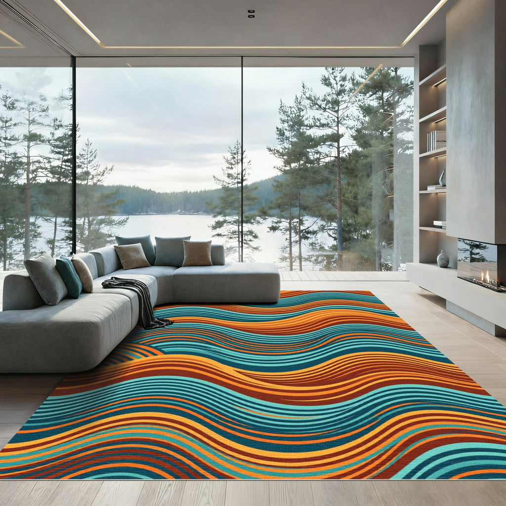 Earthy Wave Abstract Retro Teal Orange Rug