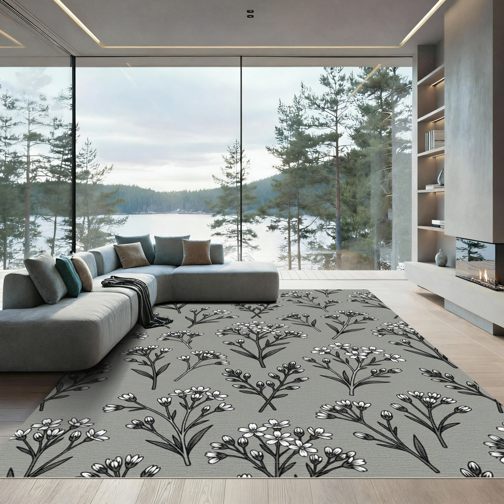 Delicate White Floral Sprigs Grey Background Rug
