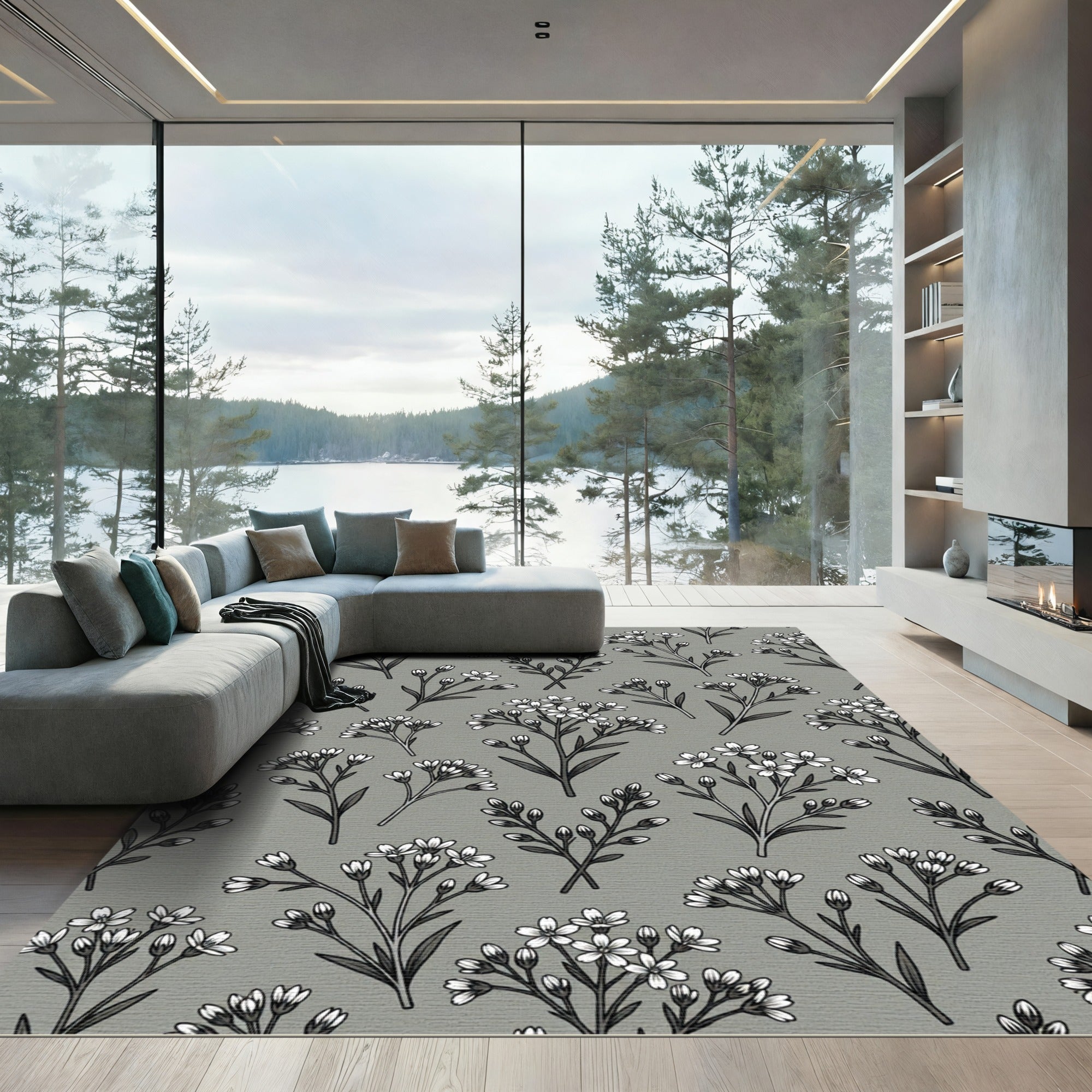 Delicate White Floral Sprigs Grey Background Rug