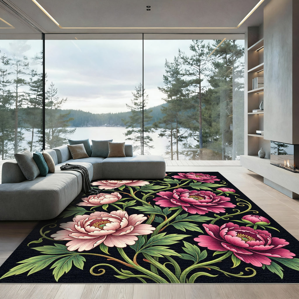 Elegant Pink Peony Floral Vine Rug