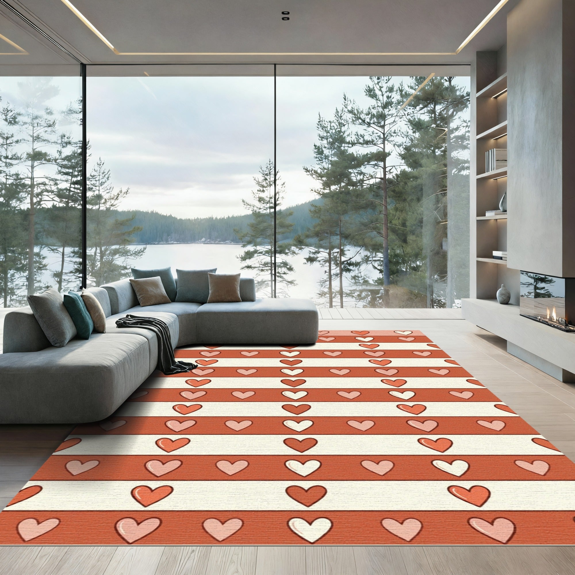 Retro Hearts Stripes Cream Coral Rug