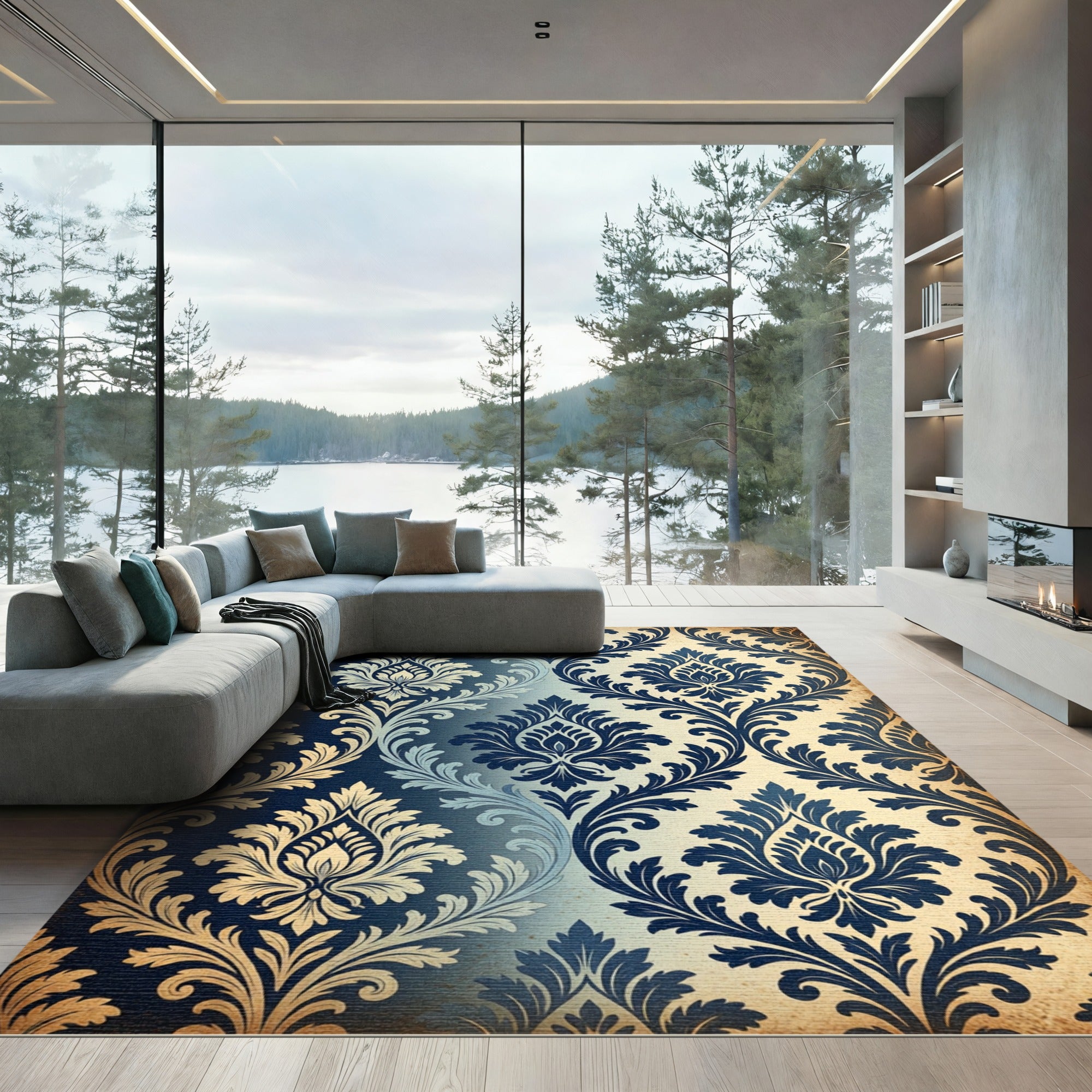 Navy Blue Damask Ornate Scroll Rug