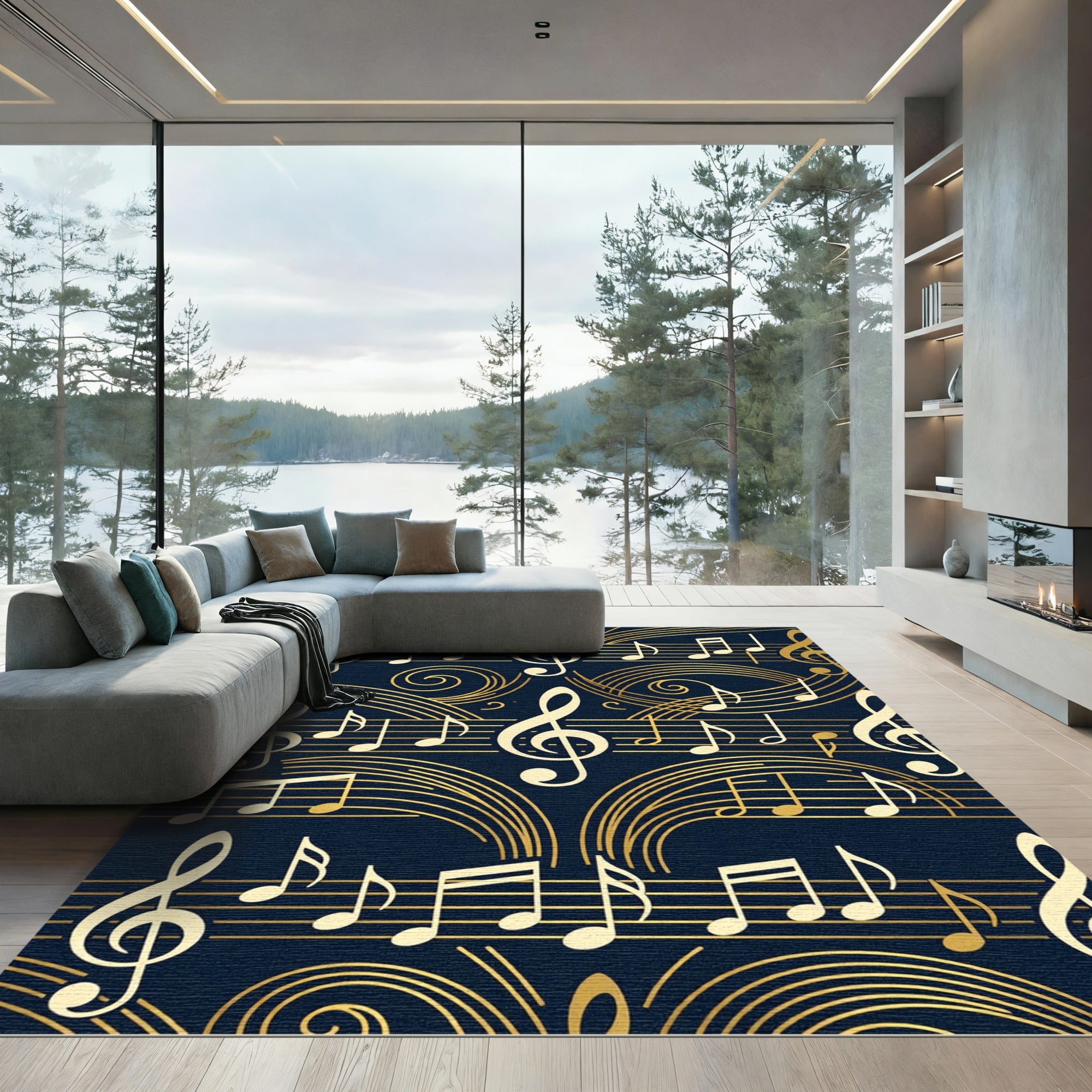 Golden Musical Notes on Navy Blue Rug