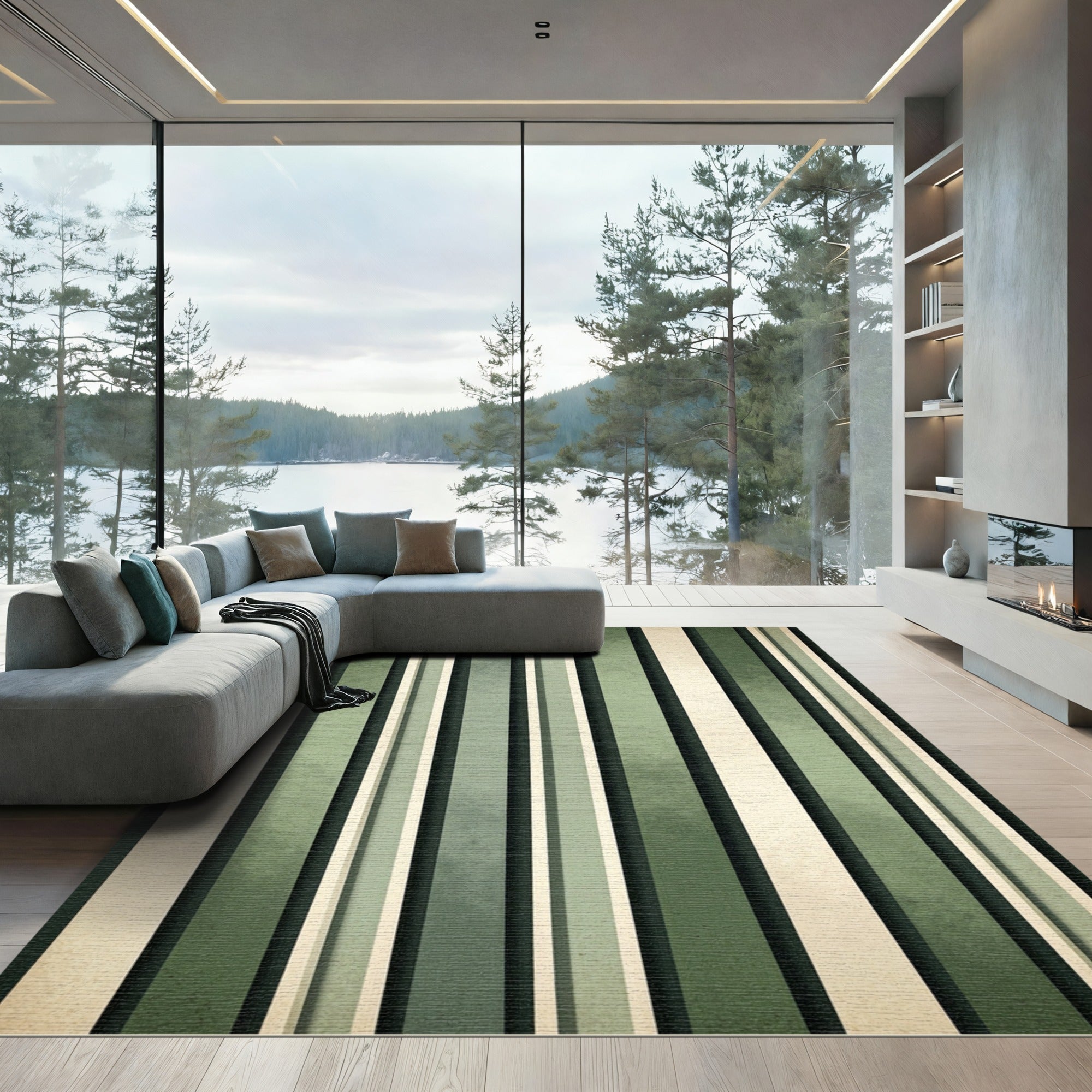 Sage and Cream Vertical Stripe Rug
