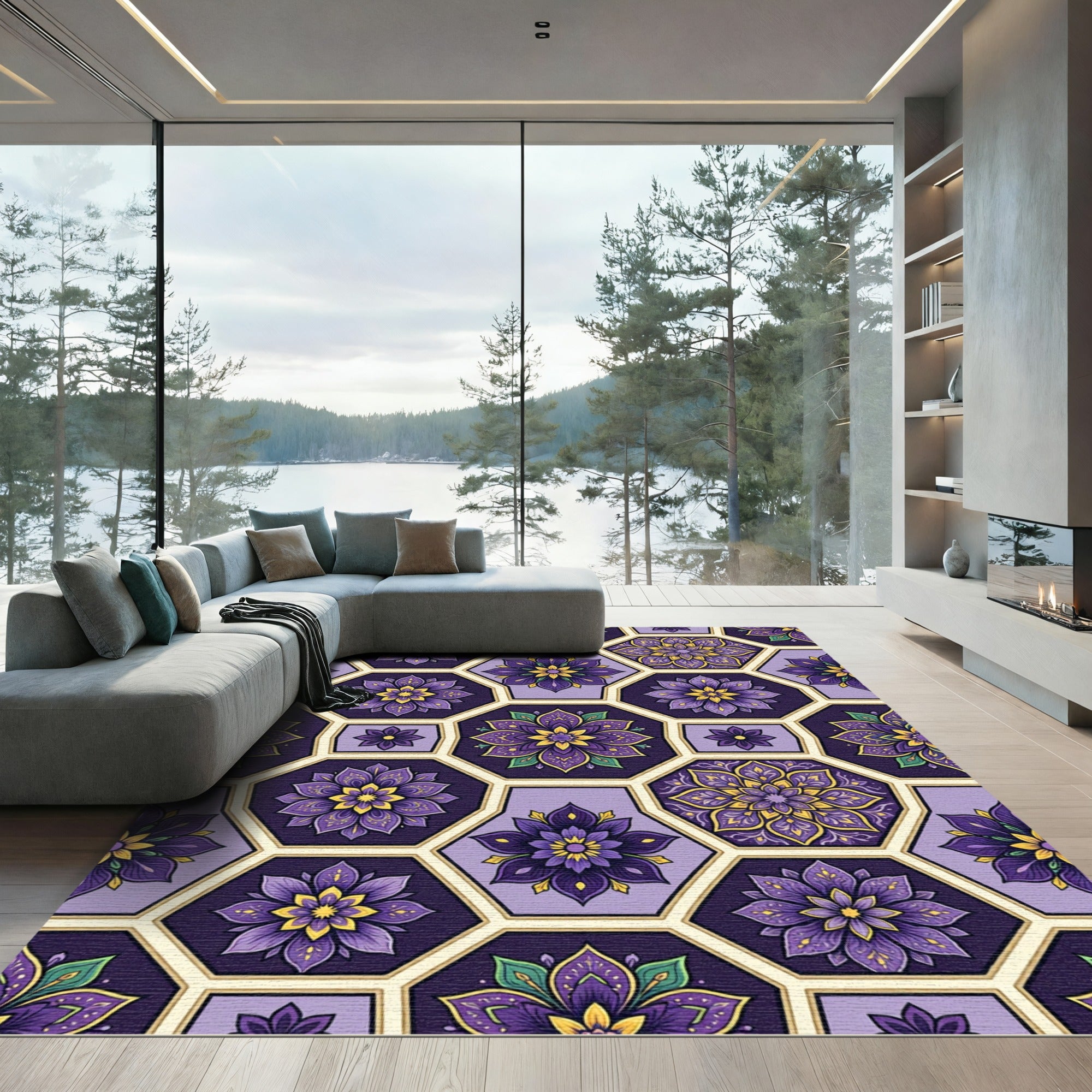 Purple Gold Hexagon Floral Medallion Rug